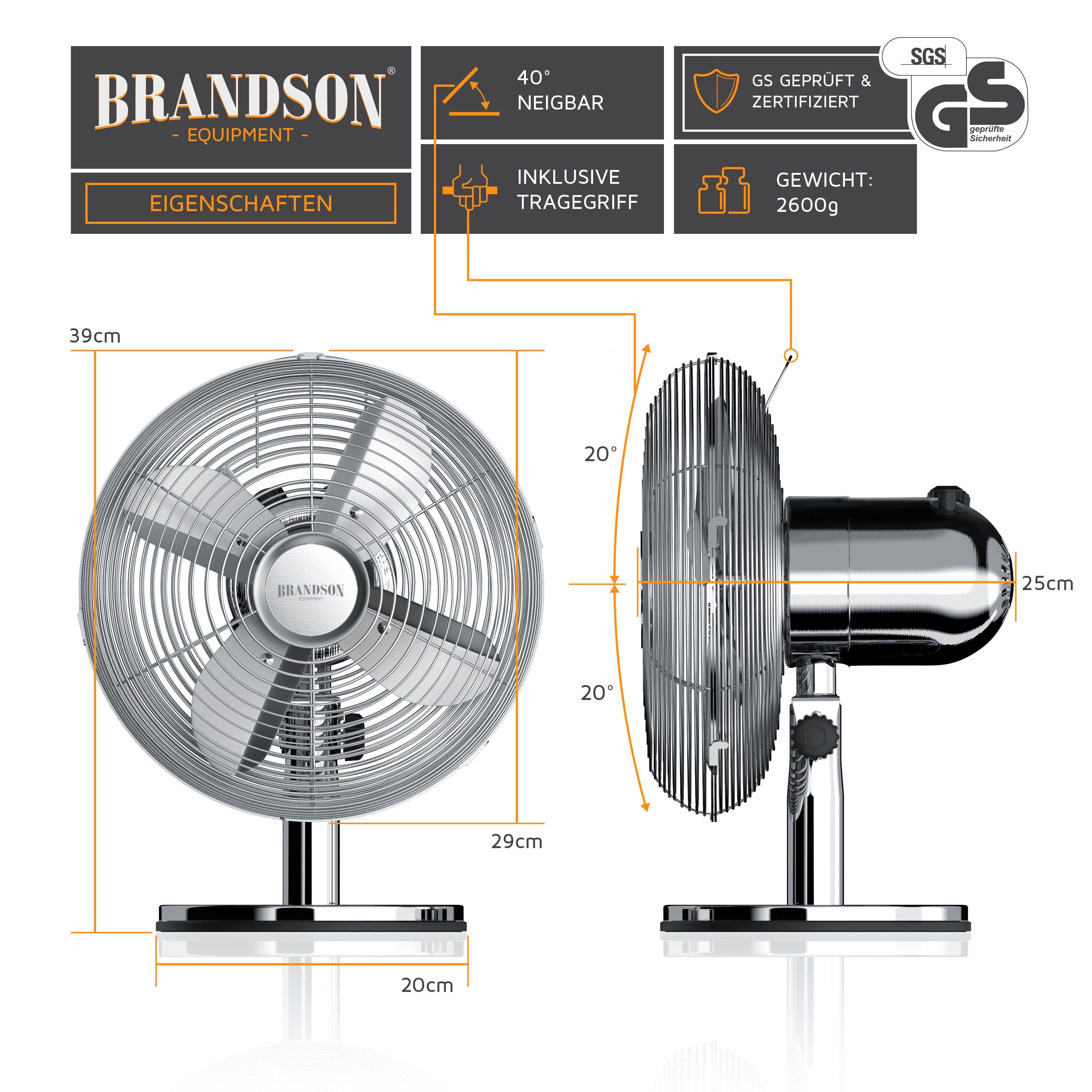 Brandson Tischventilator, Neigungswinkel 40°, 30W Metallgehäuse, Oszillation, ca. Design, Retro