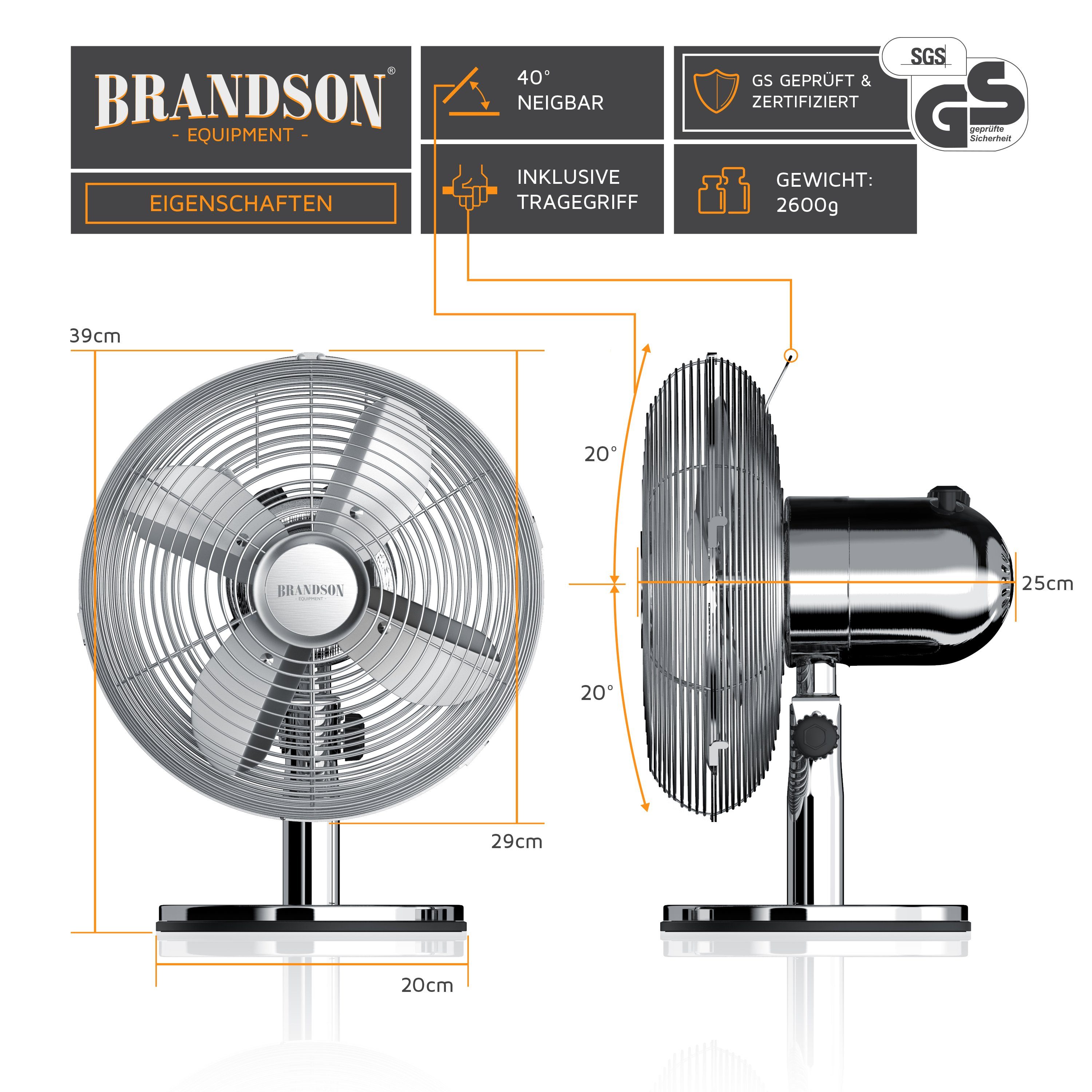 Brandson Tischventilator Retro Design, Oszillation, Neigungswinkel ca. 40°, Metallgehäuse, 30W, 28 cm Durchmesser, Preisträger 2025, mobiler Lüfter, 3 Geschwindigkeitsstufen, GS-Geprüft