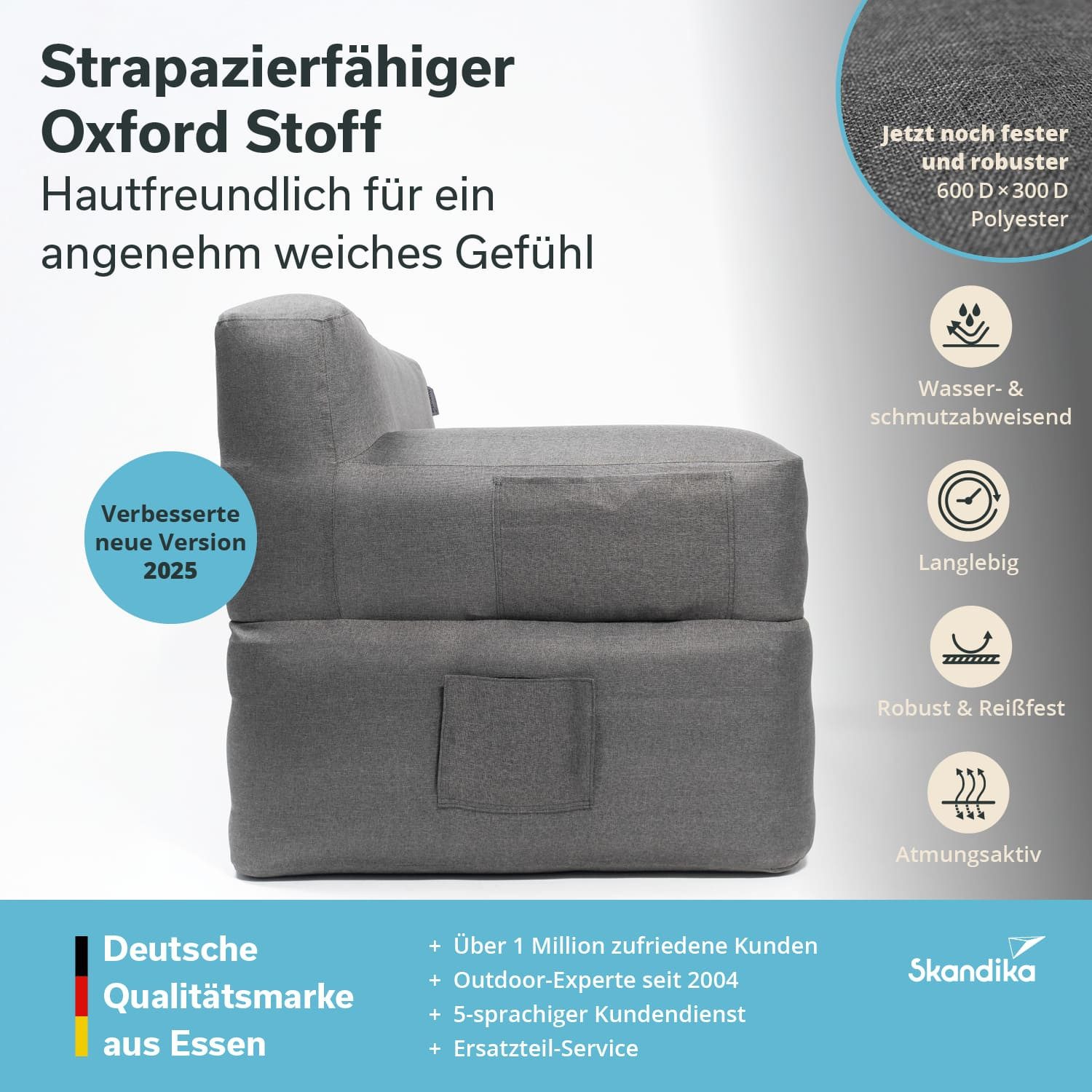 Skandika Luftsofa Luftsofa Easy Air Premium, Aufblasbares Sofa Outdoor, (mit Tragetasche), 1 Person, mit Elektropumpe, USB-C Ladekabel, 200 kg belastbar