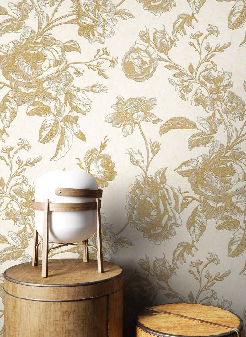 Newroom Vliestapete, Beige Tapete Floral Blumen - Blumentapete Gold Creme Romantisch Modern Rosen Beton für Wohnzimmer Schlafzimmer Flur