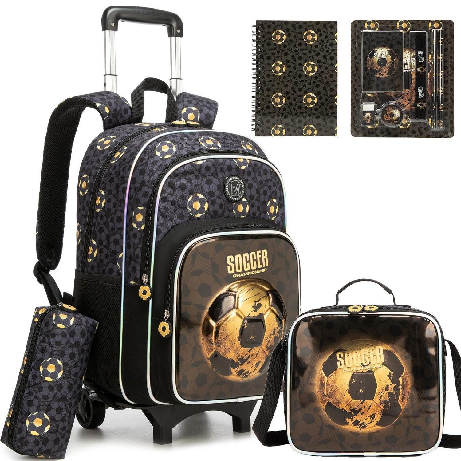 LuxusKollektion Schulranzen Schulrucksack Trolley Jungen Fußball 5-teilig schwarz (5-tlg)