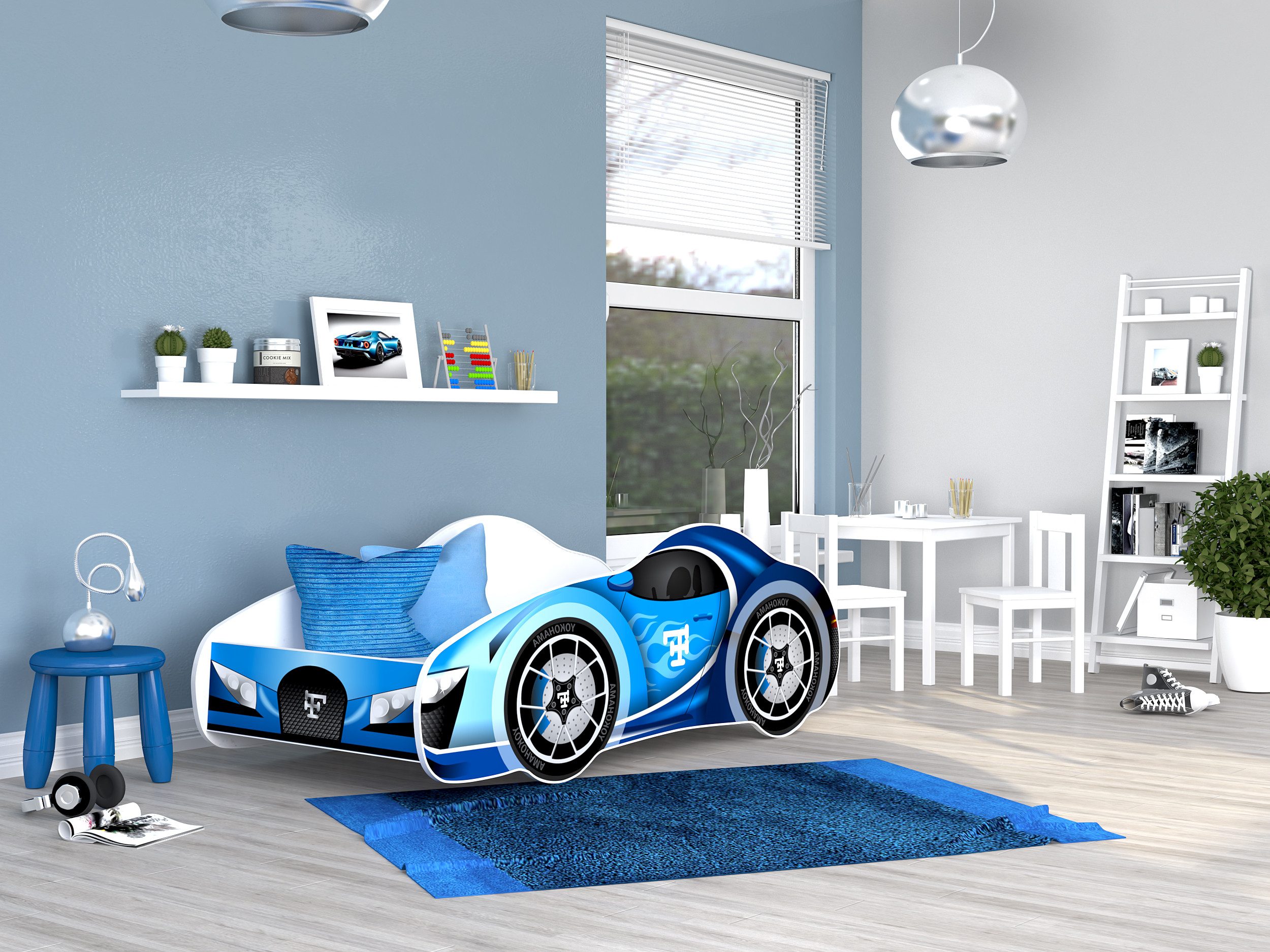 AJKmeble Autobett Kinderbett Jugendbett 70x140cm Gamerbett optional mit Matratze (MADE IN EU - für Jungen und Mädchen, Rennwagen, 140x70cm, beklebtes Spielbett für Ihr Kinderzimmer), Blau, Rosa, Rot, Gelb, Grün und Schwarz - RIESEN AUSWAHL