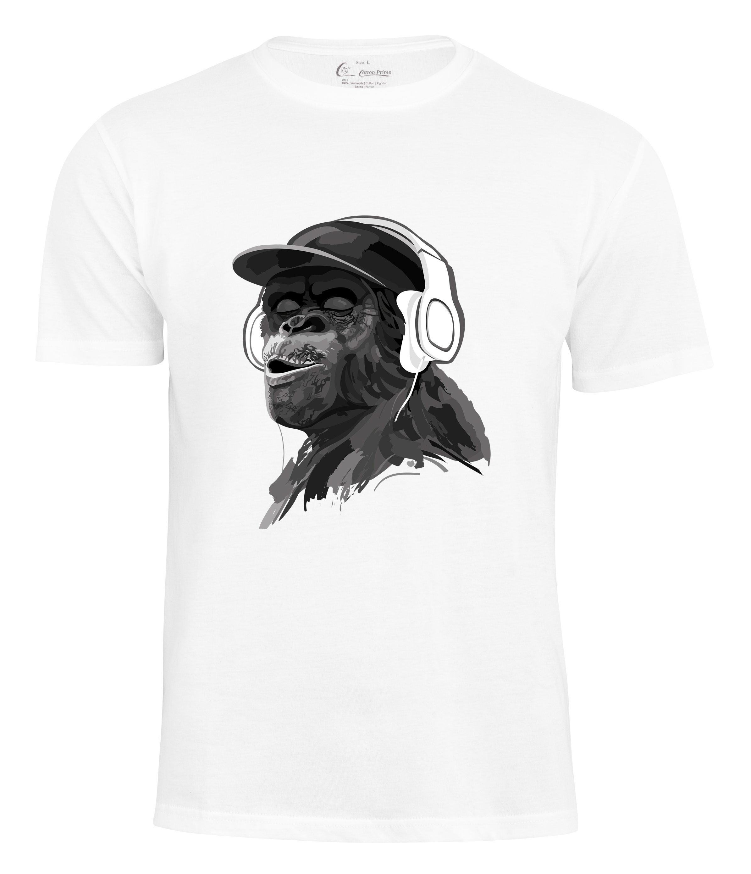 Cotton Prime® T-Shirt mit Affenmotiv - Monkey mit DJ-Kopfhörer weiss