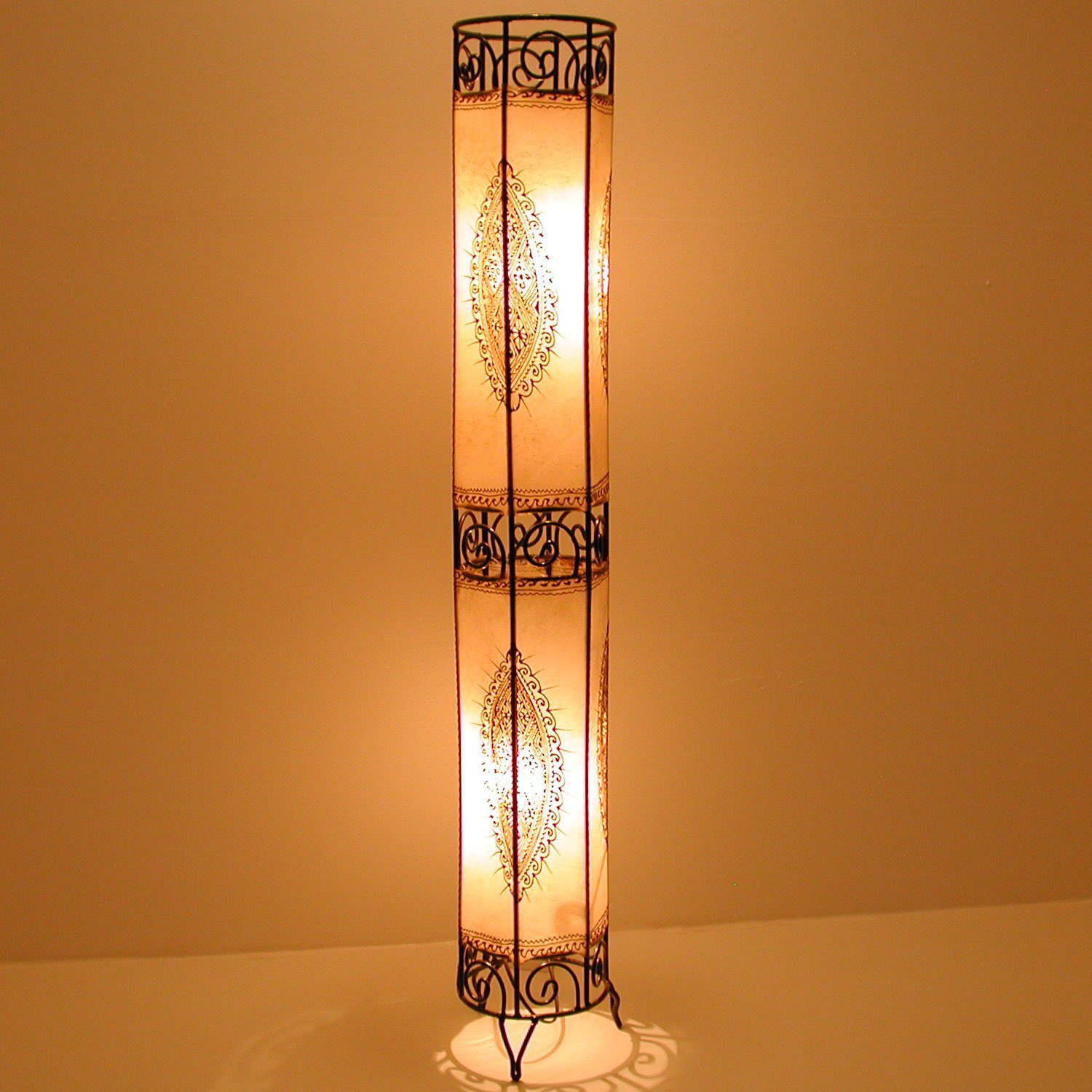 Casa Moro Stehlampe Orientalische Stehlampe Kadous weiß Handbemalte Lederlampe, ohne Leuchtmittel, handgefertigte Hennalampe aus echtem Leder
