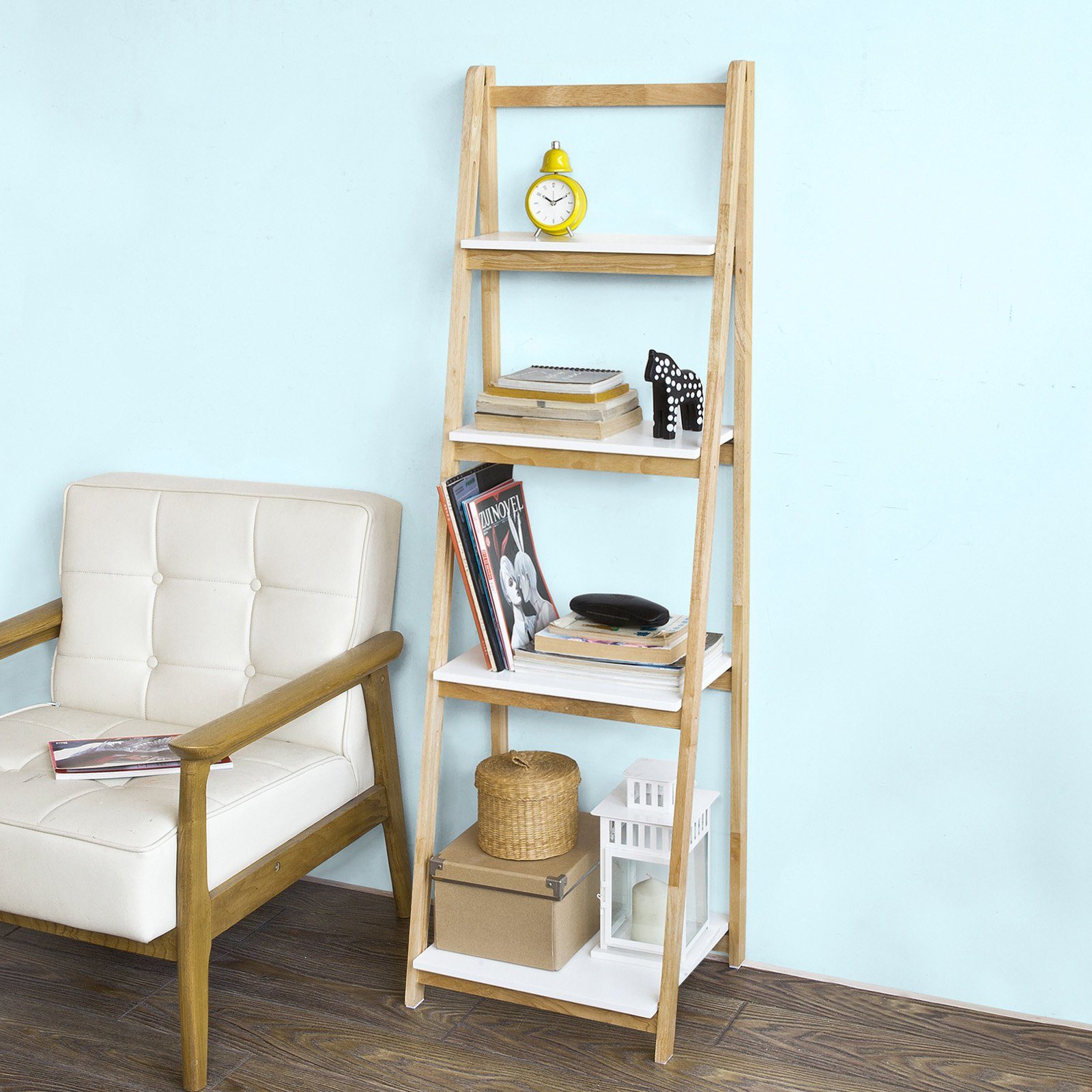 SoBuy Leiterregal FRG162, Standregal Bücherregal mit 4 Böden Kautschukholz günstig online kaufen