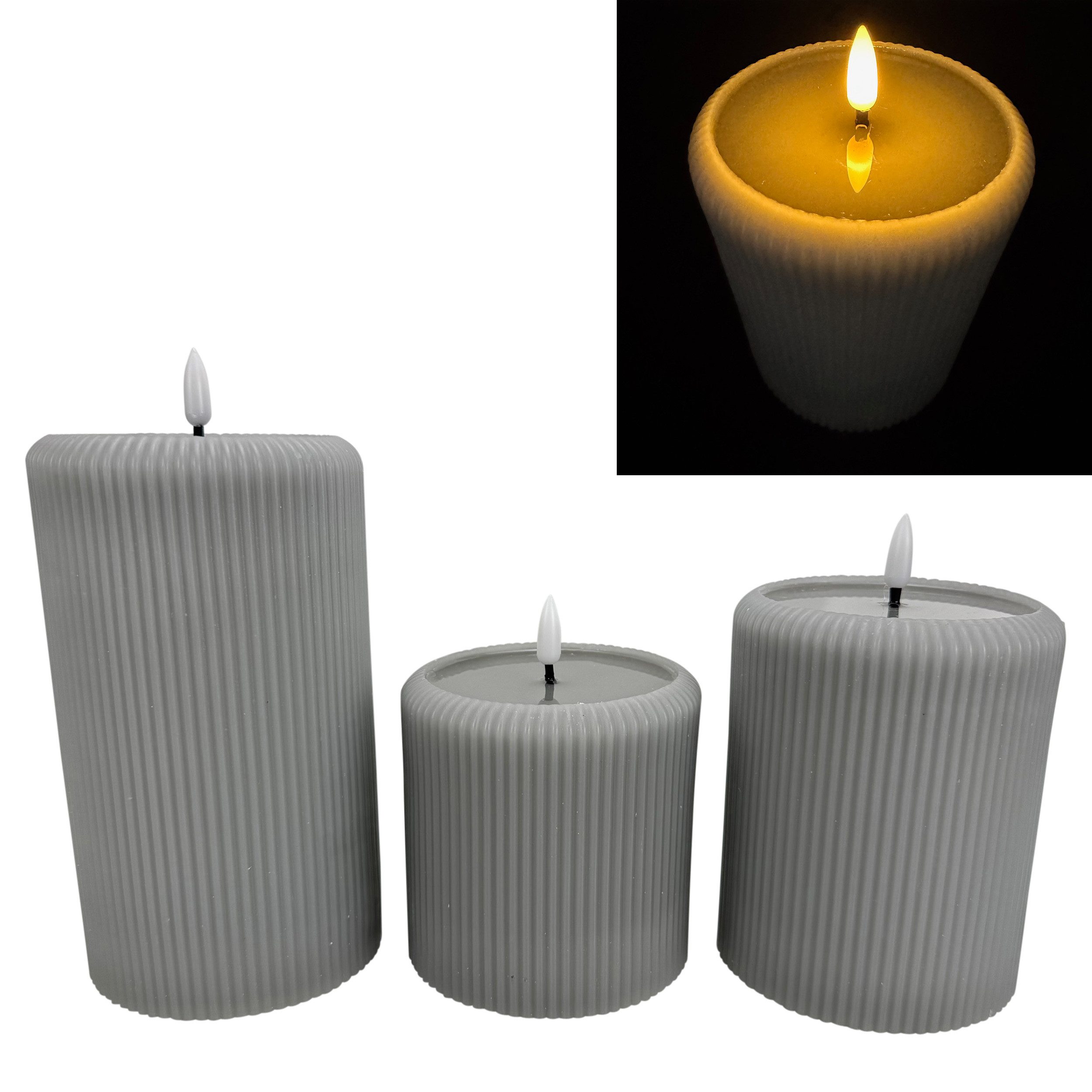 Online-Fuchs LED-Kerze 3 moderne LED Stumpenkerzen XL mit spiegelnder Flamm günstig online kaufen