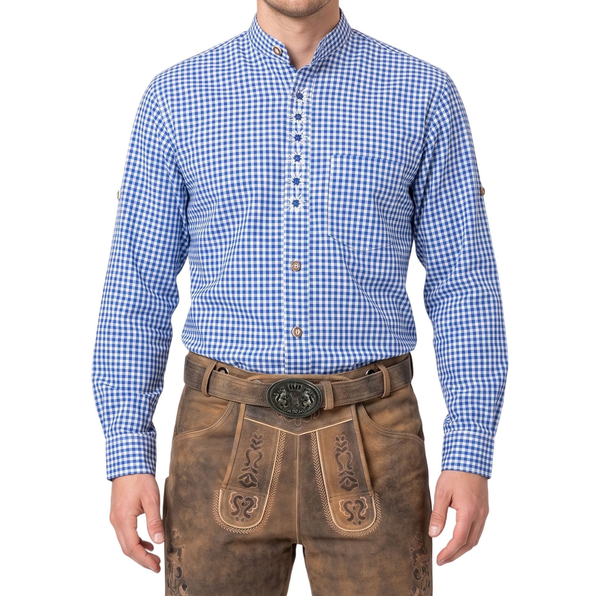 German Wear Trachtenhemd GW1205-EW-SK Trachtenhemd für Trachtenlederhosen mit Edelweiß-Stickerei stehkragen