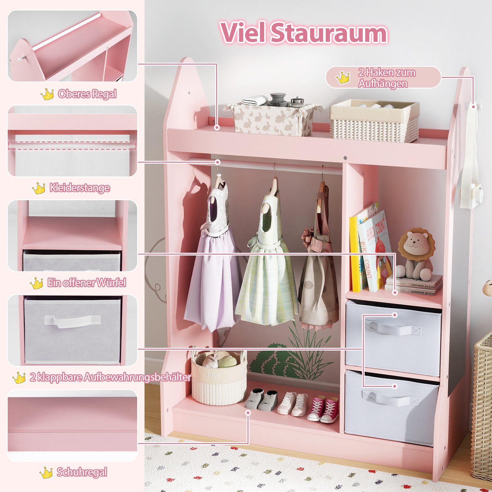 KOMFOTTEU Kleiderständer, Kinderkleiderschrank Kindergarderobe mit Spiegel & Kleiderstange