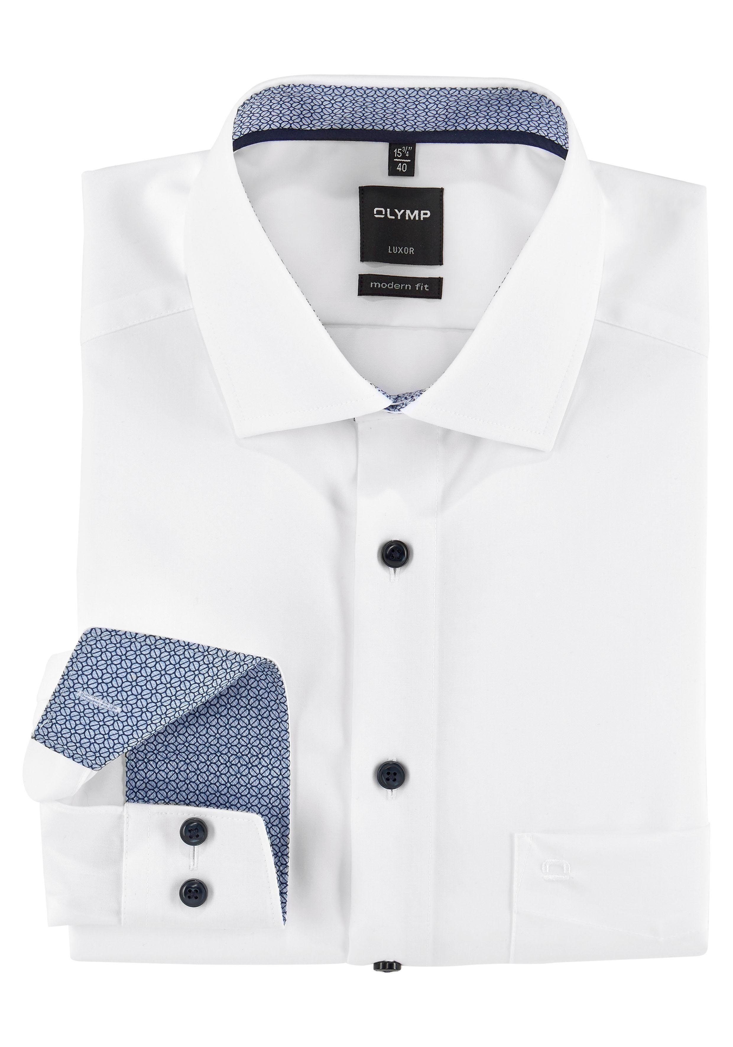 OLYMP Businesshemd weiß-blau-kontrastfarbene modern Details knitter- Luxor und bügelfrei fit