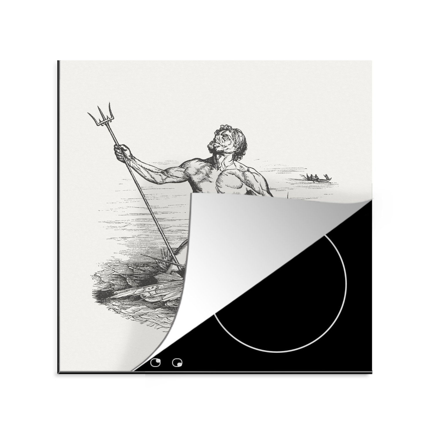 von (1 küche tlg), Herdblende-/Abdeckplatte Arbeitsplatte 78x78 Vinyl, Ceranfeldabdeckung, für cm, Illustration antike Poseidon, MuchoWow Eine