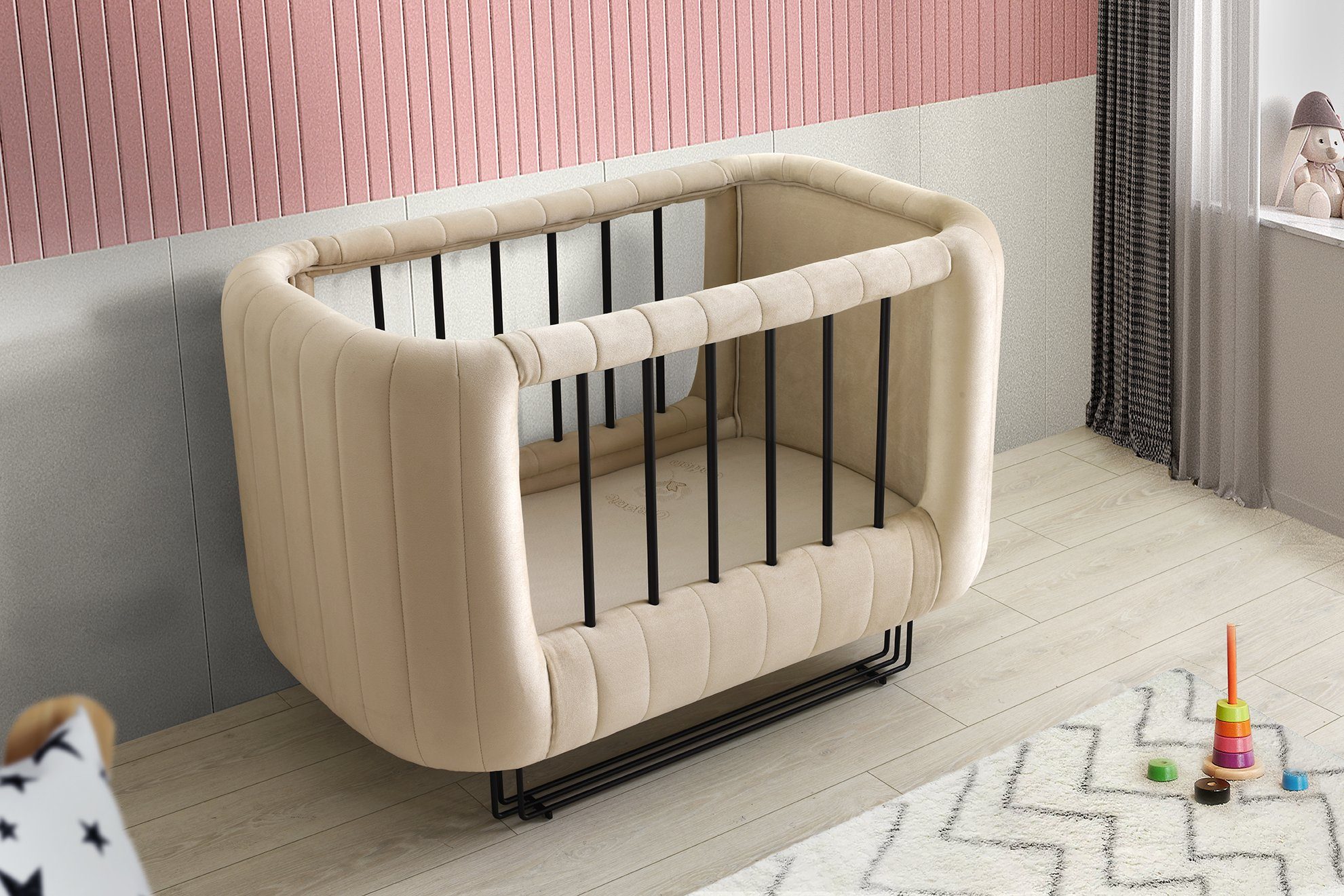 Jabari Babybett Wollbäckchen - Mega-Deal: 25% Extra-Rabatt, Designer Chesterfield Gitterbett 70x120 Handmade in Germany