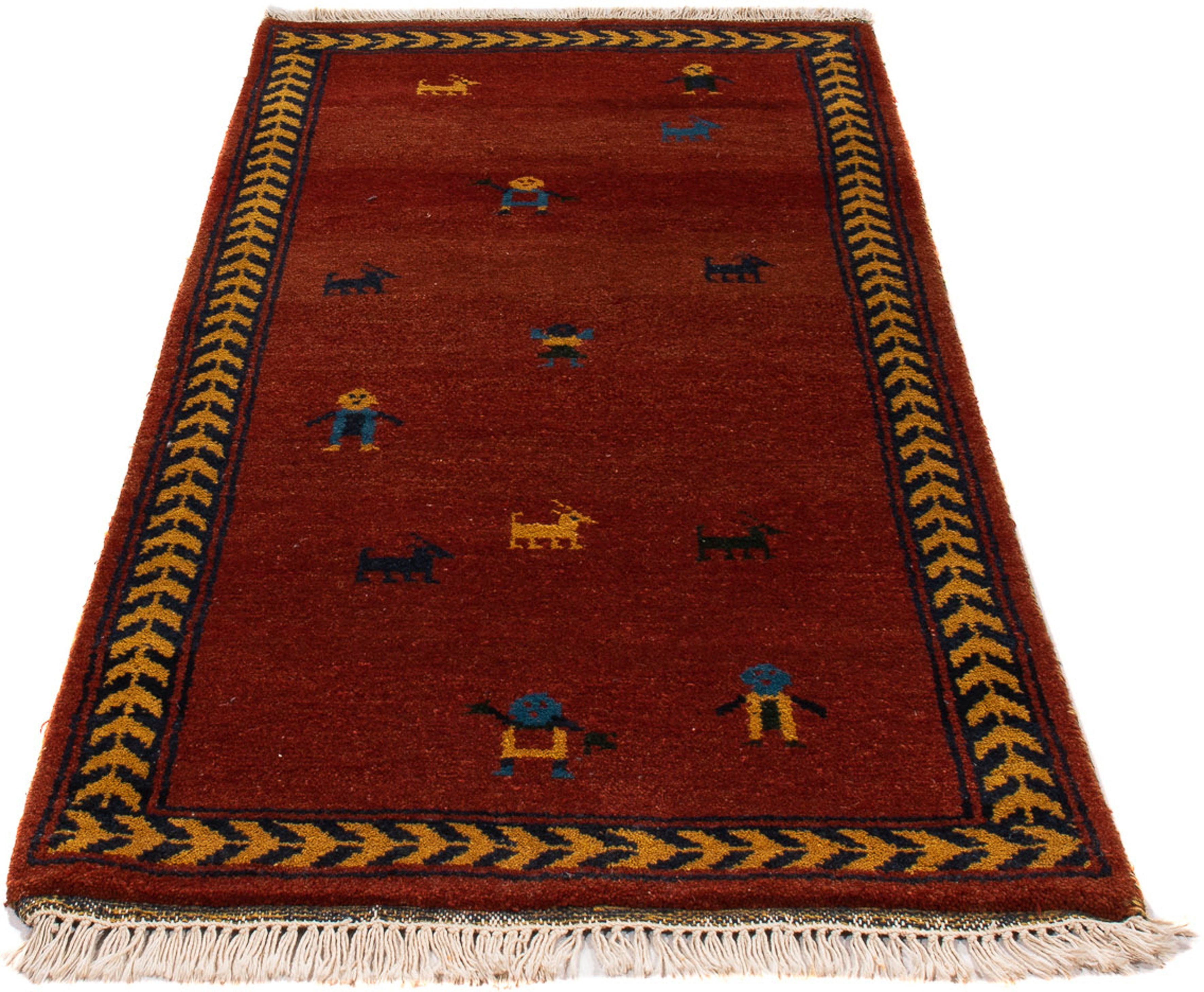 Wollteppich Gabbeh - Indus - 137 x 73 cm - dunkelrot, morgenland, rechteckig, Höhe: 18 mm, Wohnzimmer, Handgeknüpft, Einzelstück mit Zertifikat | Kurzflor-Teppiche
