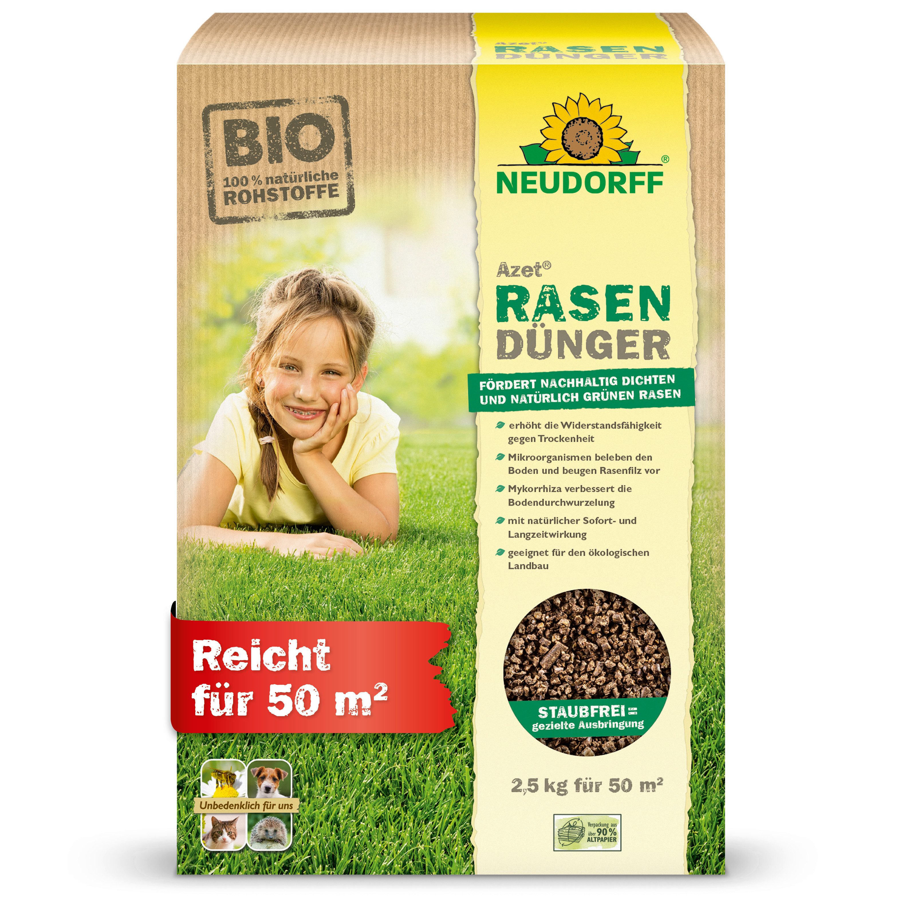Neudorff Rasendünger Azet Bio RasenDünger für 50 m² - 2,5 kg, Granulat gleichmäßig auf trockenem Rasen verteilen und anschließend bei Bedarf gründlich wässern., mit 6 Monaten Langzeitwirkung, Auch für mährobotergepflegte Rasenflächen geeignet