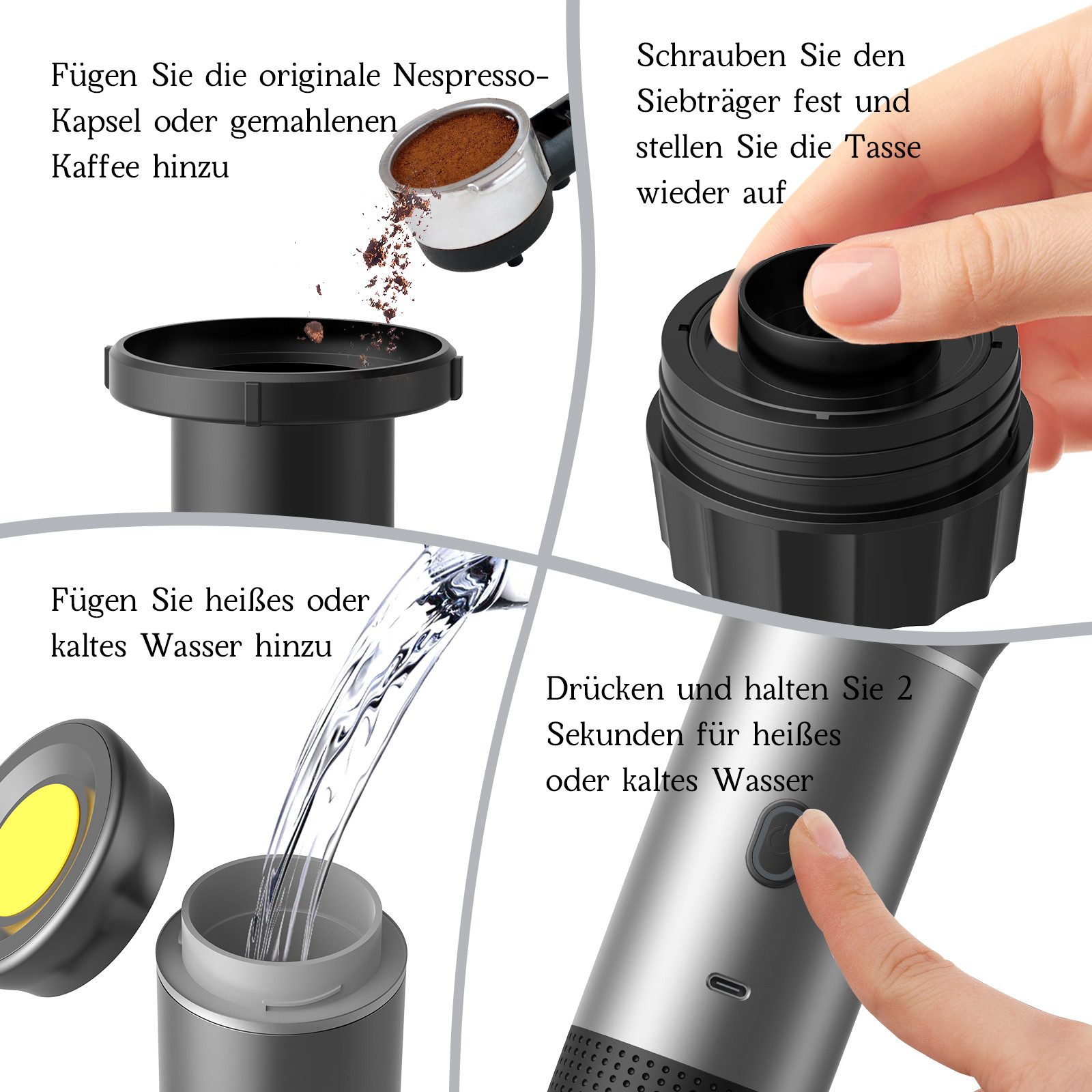 Pdgrid Reisekaffeemaschine, 2 in 1 Camping-Kaffeemaschine Portable Capsule Coffee Machine, For USB-C Self-Heating 20 Bar