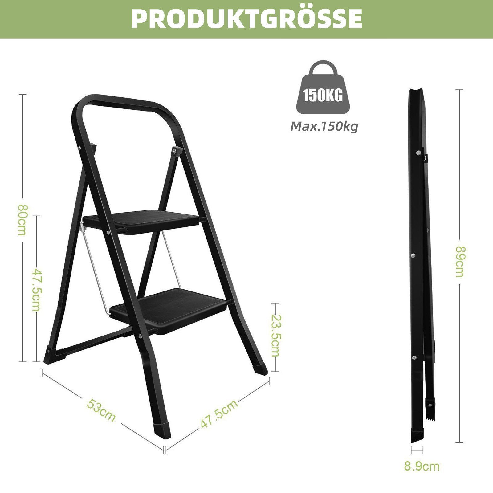 OZAVO Trittleiter 2/3 stufen Klappleiter Mit 30cm extrabreiten rutschfesten Trittstufen (Eisen Stehleiter, Multifunktionsleiter für Zuhause, Küche & Garten), Kl – Bild 3 von 5