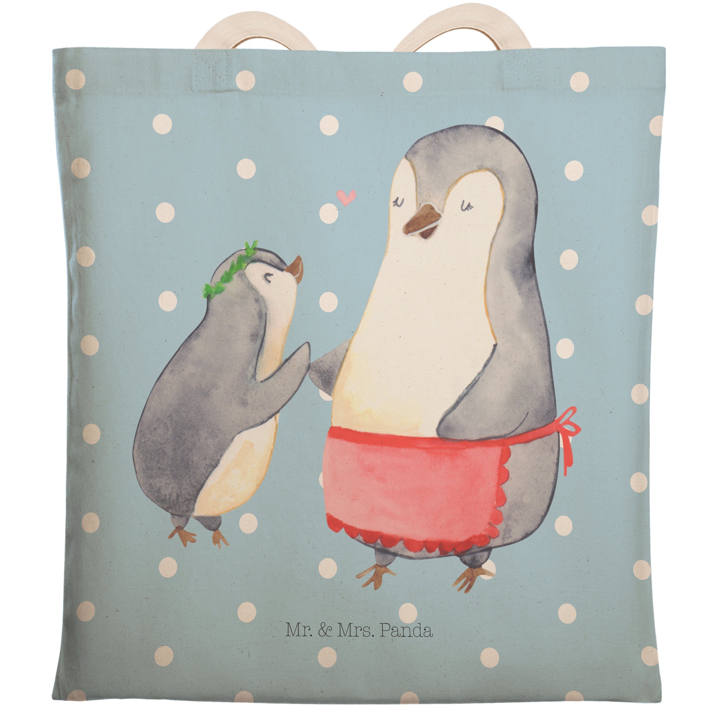 Mr. & Mrs. Panda Tragetasche Pinguin mit Kind - Blau Pastell - Geschenk, Baumwolltasche, Mama, Lie (1-tlg)