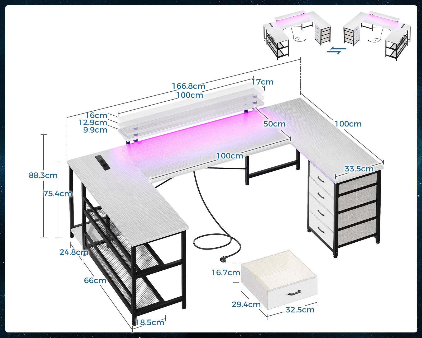 ODK Eckschreibtisch mit Steckdosen, USB, LED günstig online kaufen