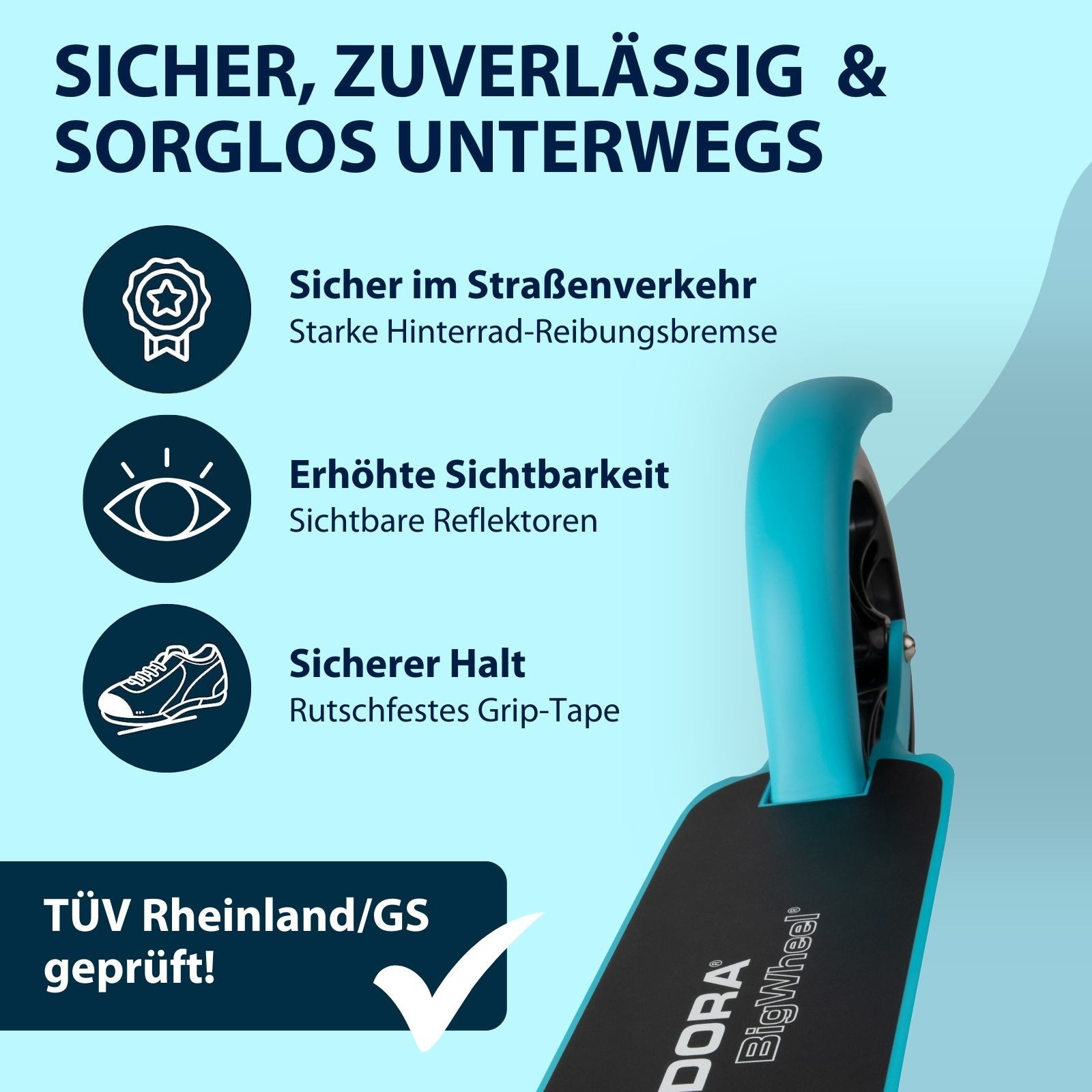 Hudora Cityroller BigWheel® 205 Tretroller - Höhenverstellbar & zusammenklappbar, (Kinder- & Erwachsenenroller für bis zu 100kg - Tretroller mit Ständer, Stabiler Aluminium-Roller), einklappbarer, höhenverstellbarer Kick-Scooter