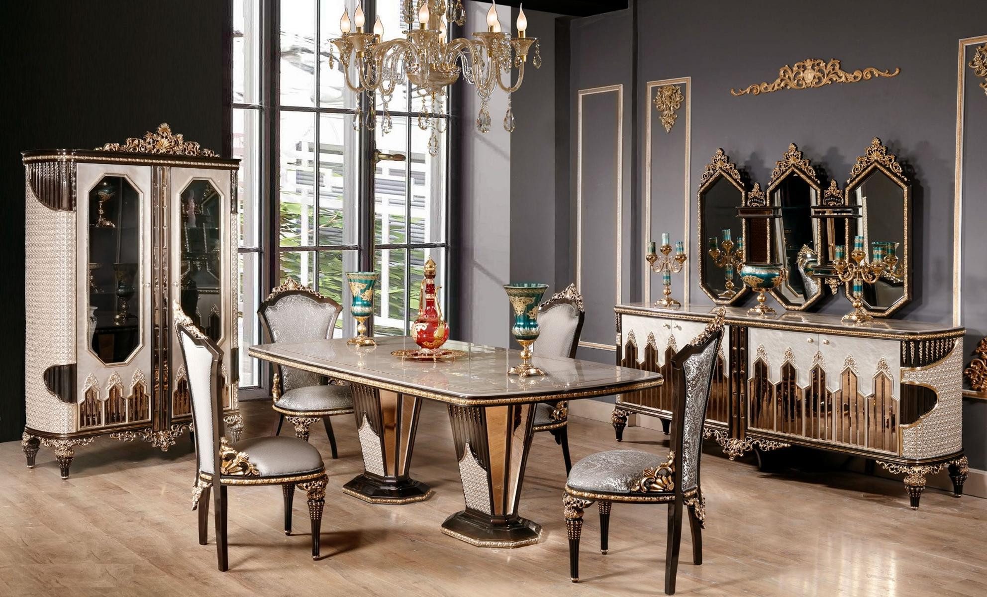 Esszimmer-Set Klassische Essgruppe aus Holz in Weiß und Schwarz mit Stühlen