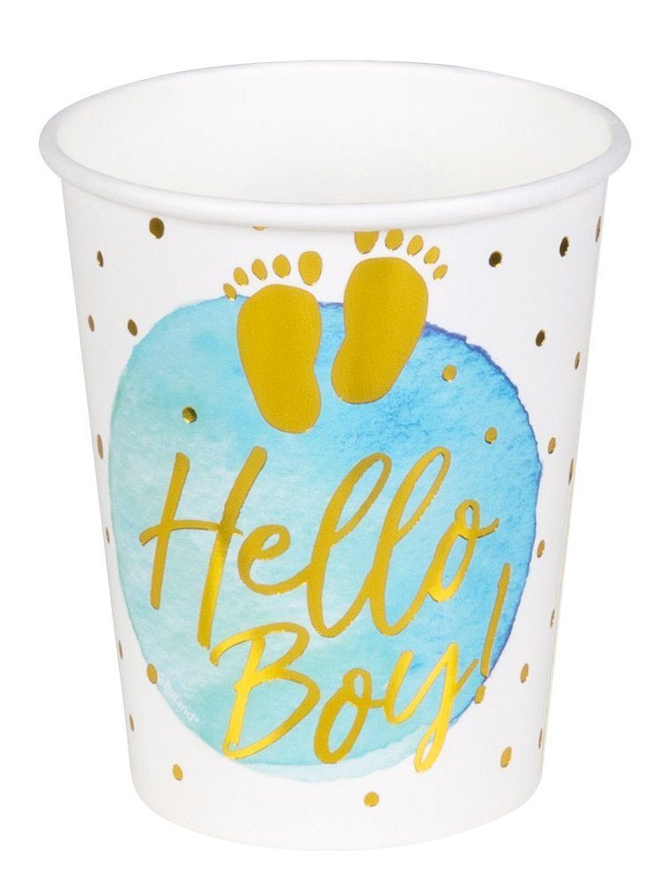 Boland Einweggläser 6 Hello Boy! Pappbecher, Pappe, Partygeschirr für Geburt, Babygeburtstag oder Pullerparty!