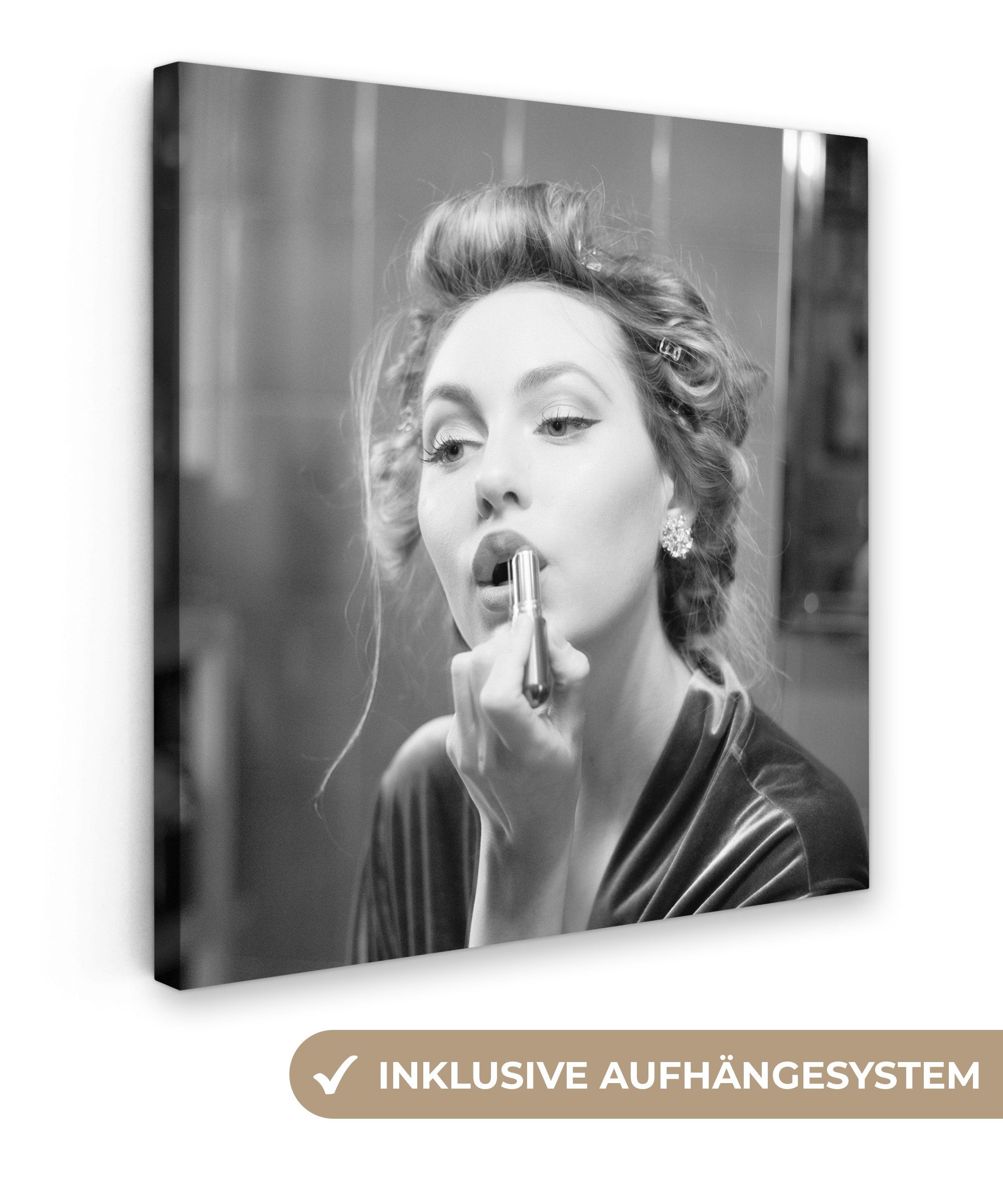 OneMillionCanvasses® Leinwandbild Frau - Make-up - Vintage - Porträt - Schwarz-Weiß, (1 St), Leinwand Bilder für Wohnzimmer Schlafzimmer, 20x20 cm