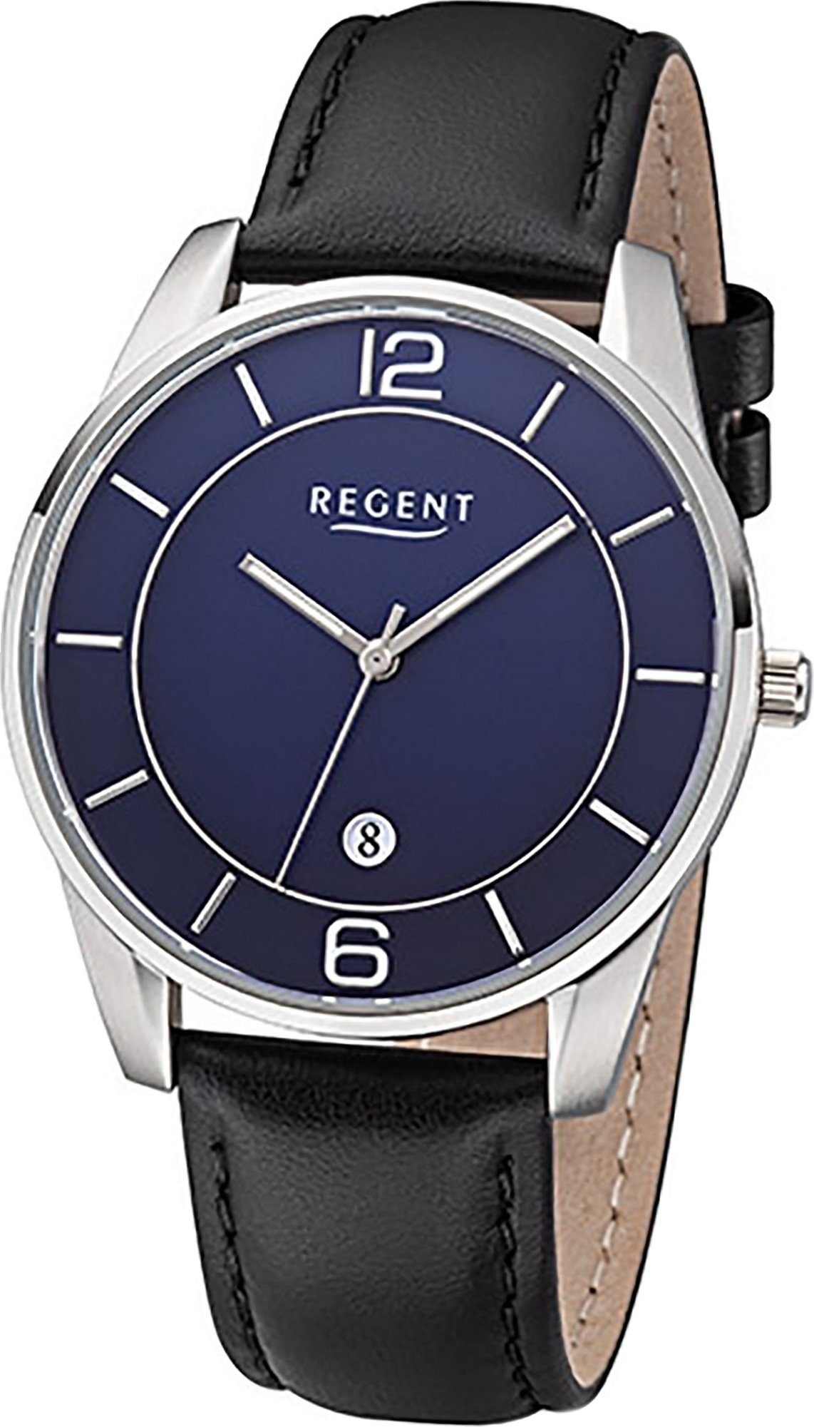 Regent Quarzuhr Regent Leder Herren Uhr F-1235 Analog, Herrenuhr Lederarmband schwarz, rundes Gehäuse, groß (ca. 40mm) | Quarzuhren