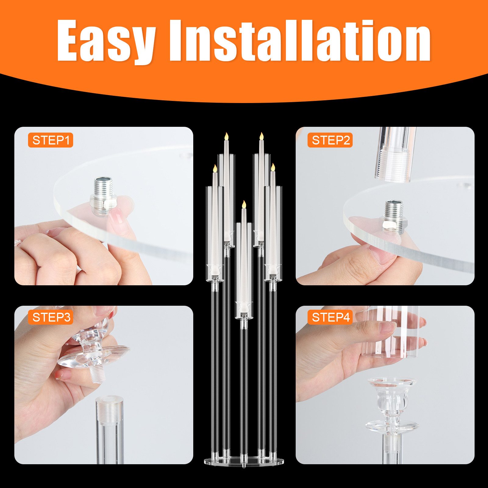 Rutaqian Kerzenständer Acryl Kandelaber für LED Kerzen 5-armig Tischdeko Party Hochzeit (8er Set LED Kerzenleuchter mit Lampenschirmen, ohne Kerzen, 8 St), Geeignet für LED-Kerzen unter 2,2 cm Durchmesser