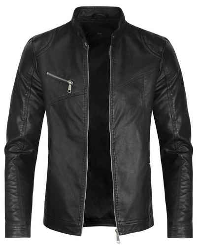 Allthemen Lederjacke Herren Bikerjacke mit Stehkragen