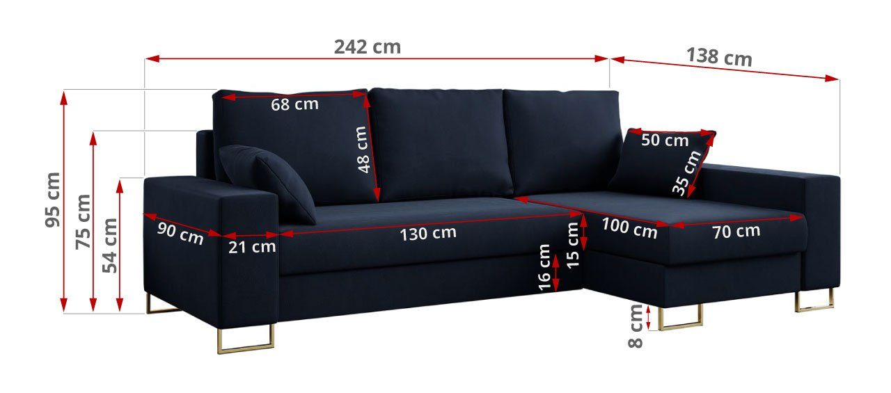Couch, MÖBEL DORIAN, L-Form Letto Wohnlandschaft MKS Modern Ecksofa Ecksofa, Dunkelblau
