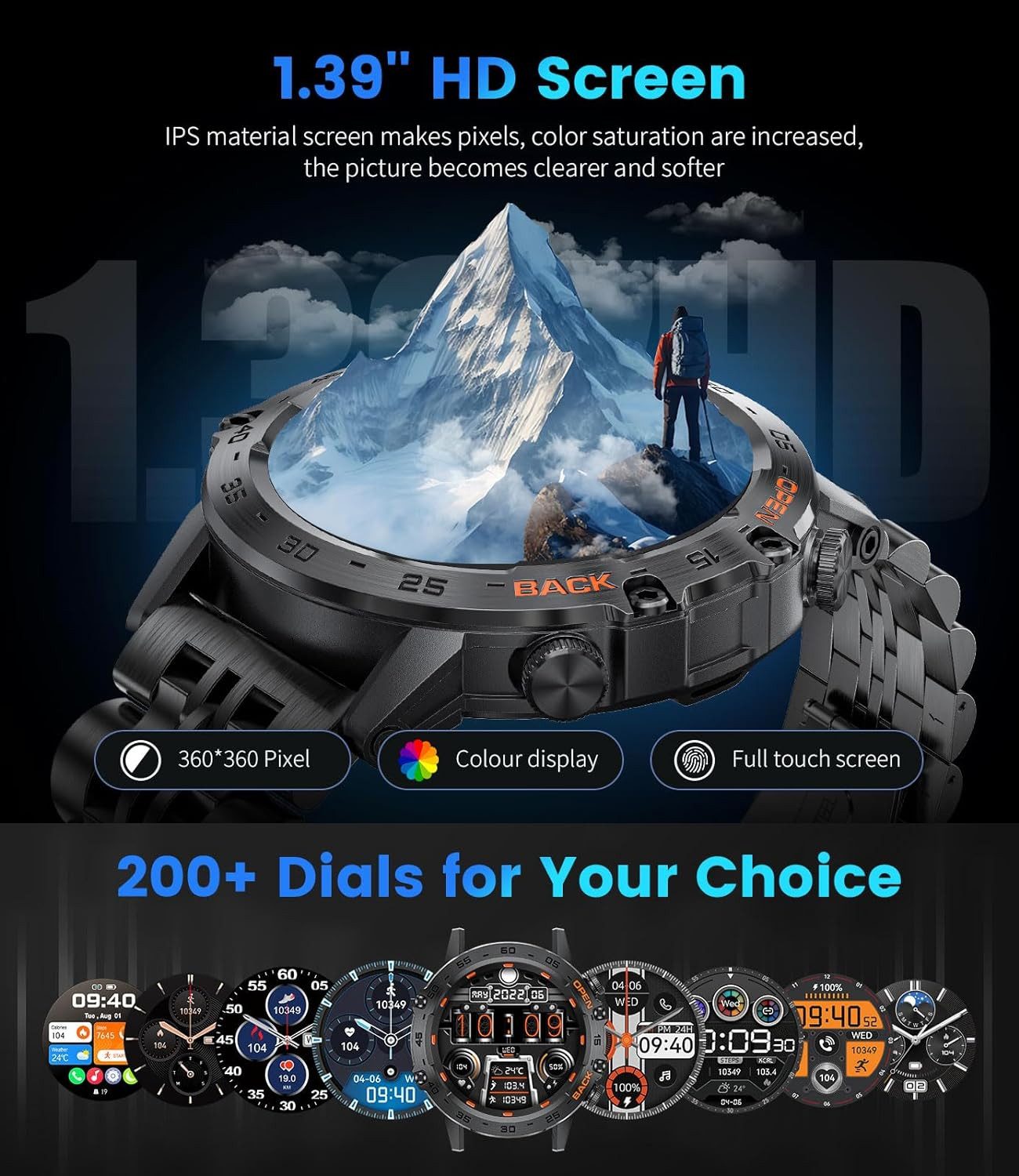 Zevelora Herren's IP68 Wasserdicht Fitnessuhr Telefonfunktion HD Smartwatch (1,39 Zoll, Android/iOS), mit Herzfrequenzmonitor Schlafmonitor 100+ Sportmodi Sportuhr