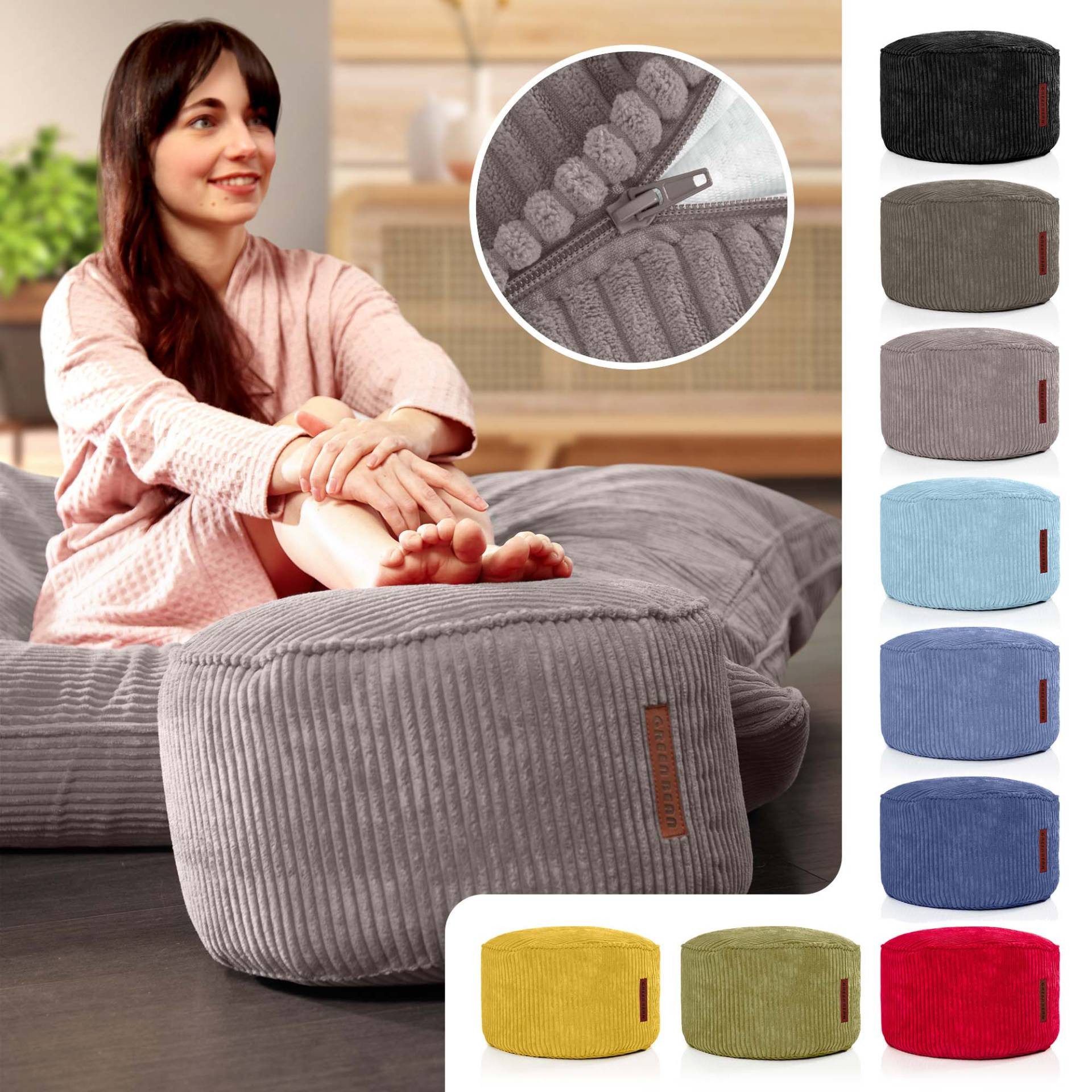Green Bean Pouf Sitzsack-Hocker Pouf Cord 45x25cm (Indoor Sitzhocker Sitzkissen Fußhocker Relax-Sessel, Made in Germany), die ideale Ergänzung zum Sitzsack – Bild 5 von 5