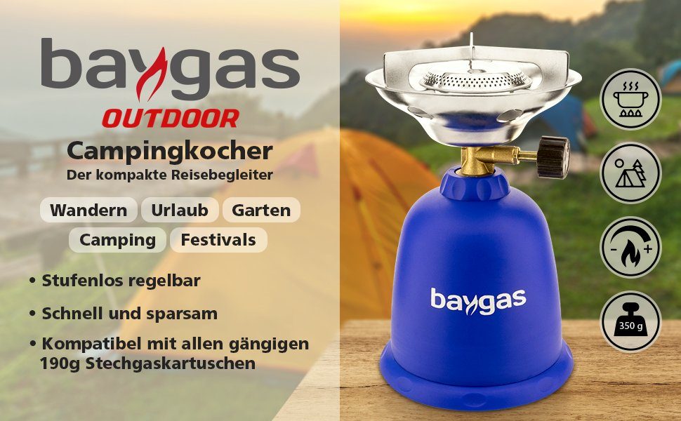 baygas Gaskocher Kunststoffkörper Campingkocher Outdoor für 1- Baygas Blau Flammig