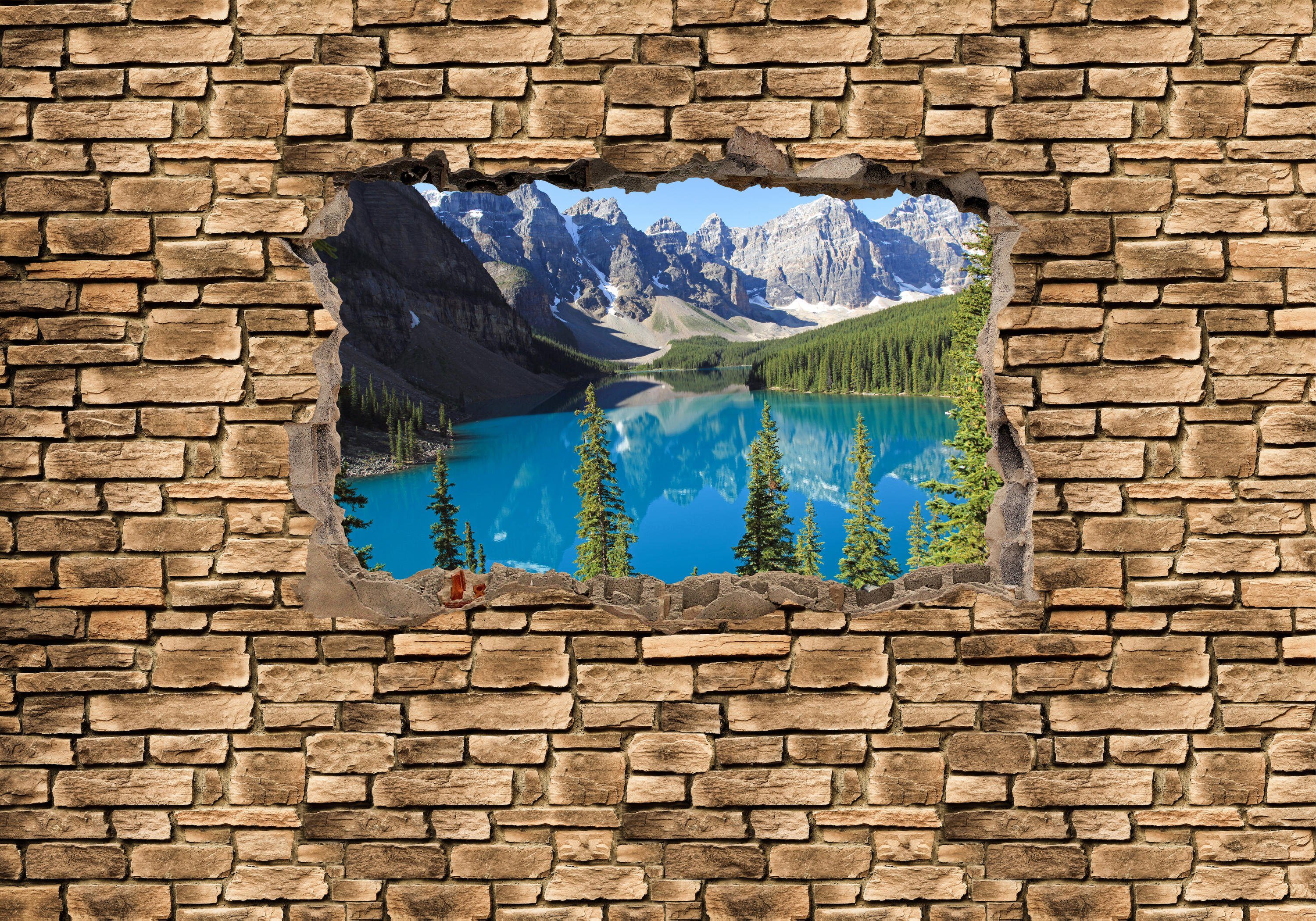 wandmotiv24 Fototapete 3D Moraine Lake Kanada - Steinmauer, glatt, Wandtapete, Motivtapete, matt, Vliestapete