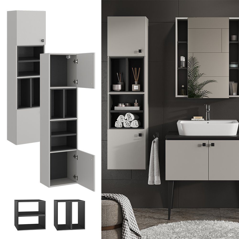 Vicco Hochschrank Gerta, Grau/Schwarz, 37.5 x 150 cm mit Tür und offenen Fächern (1-St)