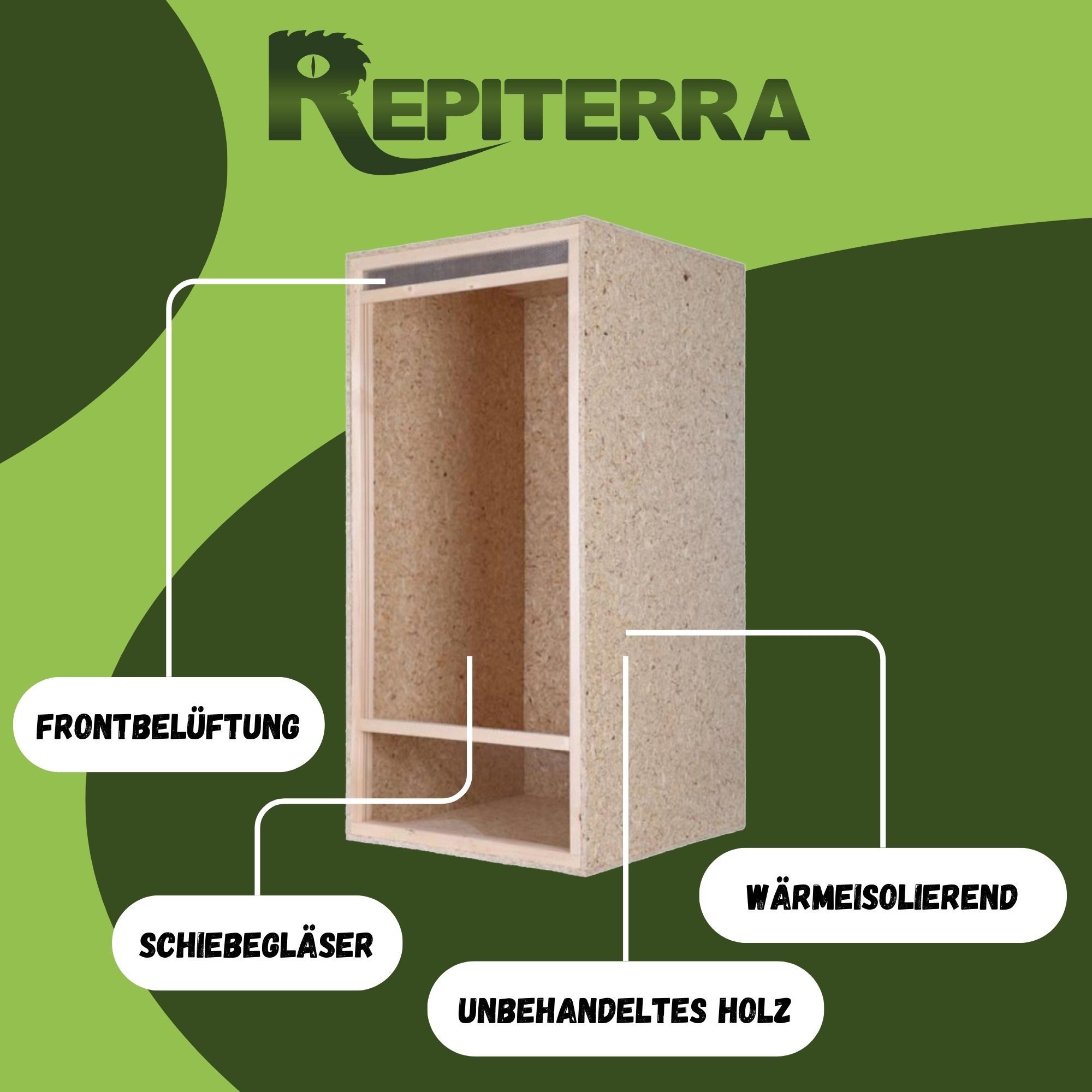 Repiterra Terrarium Hochterrarium Frontbelüftung 60x120x60 cm, inklusive Thermo-Hygrometer - Hochwertiges Holzterrarium