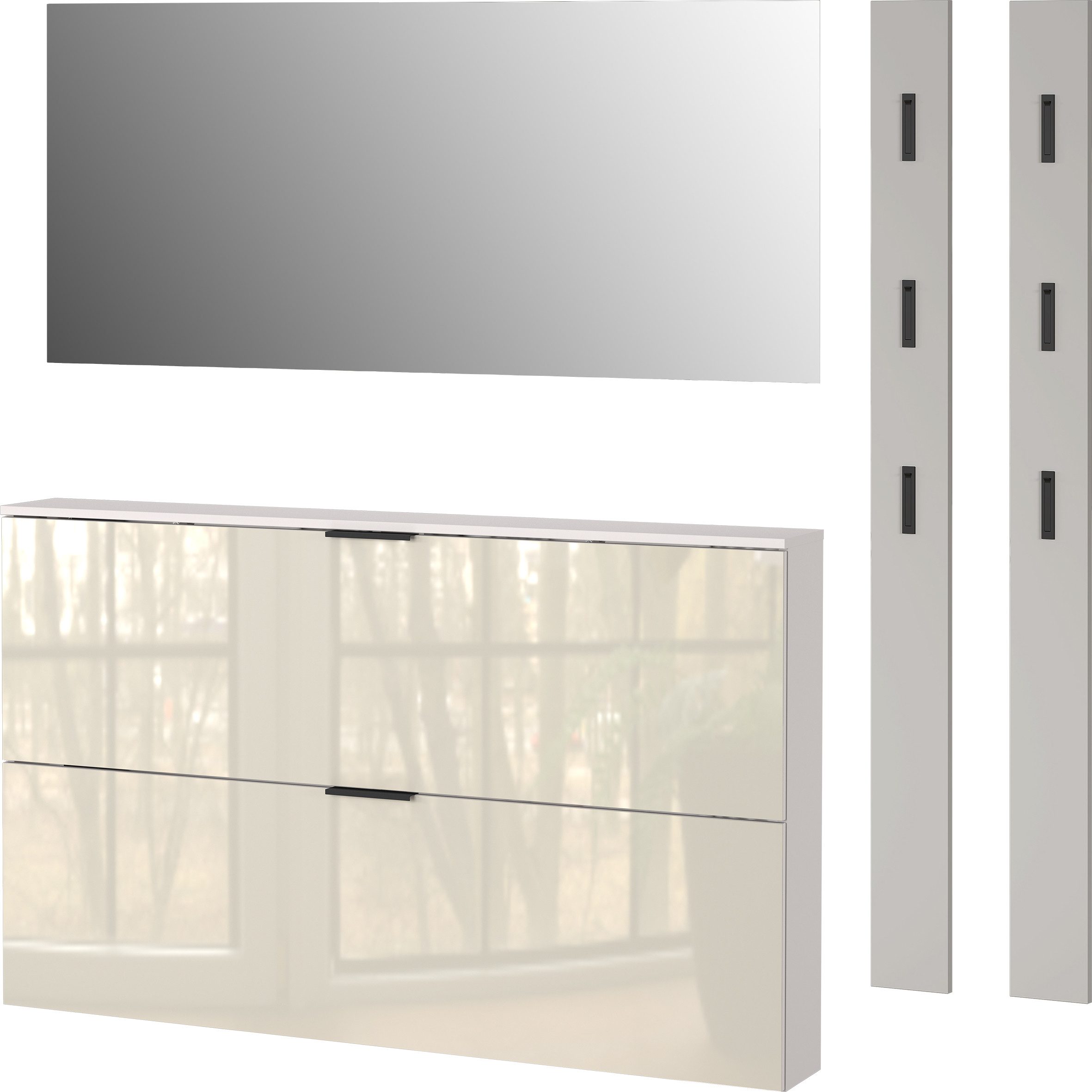 GERMANIA Garderoben-Set Valega, (4-St), Schuhschrank mit Glasfronten, Spiegel und zwei Garderobenpaneelen