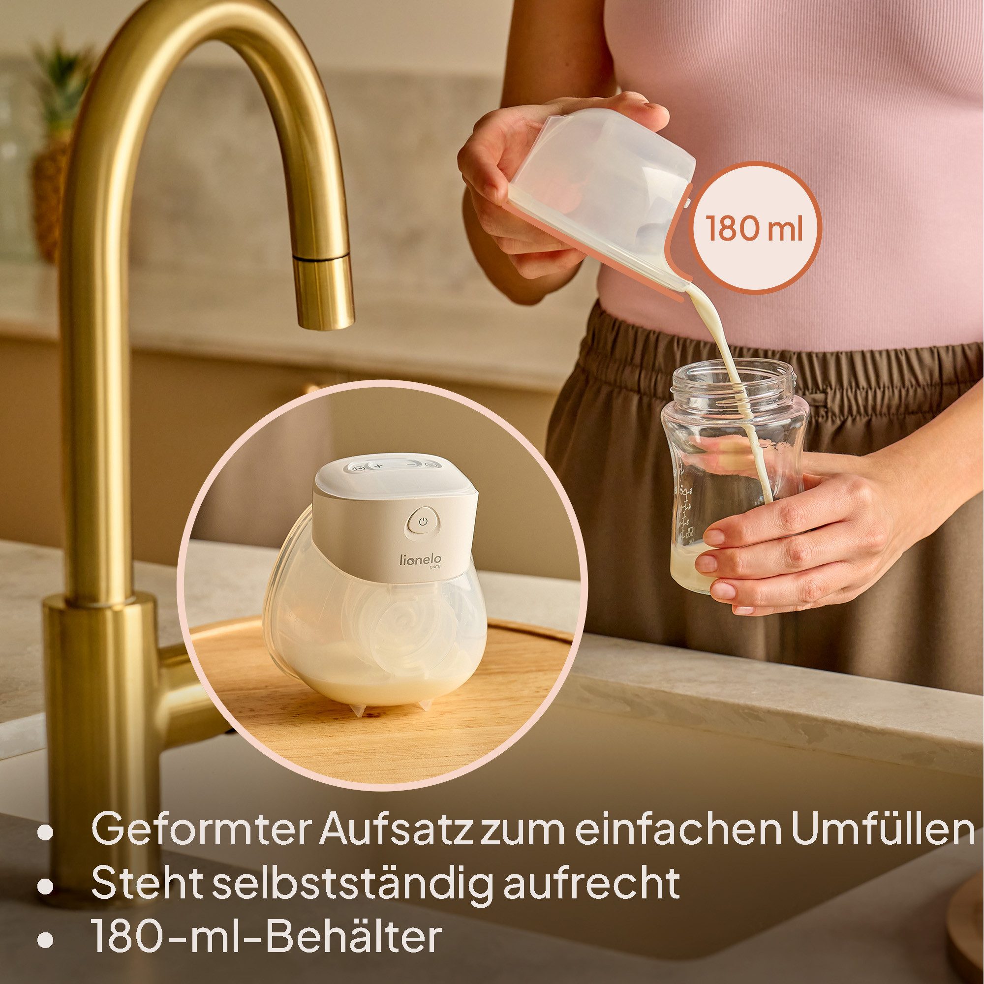 lionelo Elektrische Milchpumpe FIDI FREE LUMI, Set, Set mit unterschiedlich großen Trichtern, Hands-free/180 Min Akku/9 Stufen/LED-Anzeige/USB-C