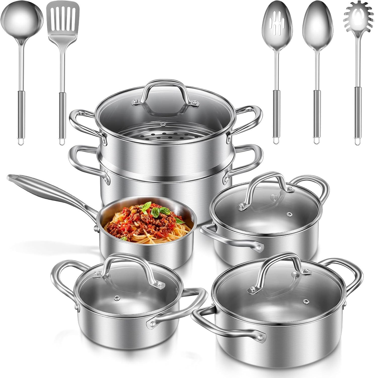 FOHERE Topf-Set 15-teiliges Induktions-Topfset, unbeschichtetes Kochtopfset, Edelstahl (Set, 15-tlg), aus Edelstahl, geeignet für alle Herdarten