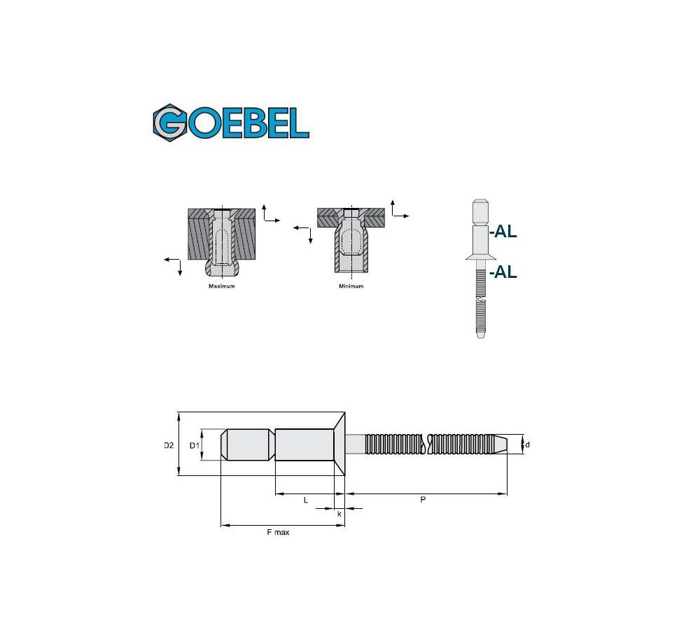 17,0 gerilltem GmbH Hochfeste 7773506417, (250x mit Blindniete / Nietdorn Senkkopf Aluminium, mit 6,4 250 x GO-LOCK Blindniete Senkkopf), GOEBEL St., Aluminium Niete mm