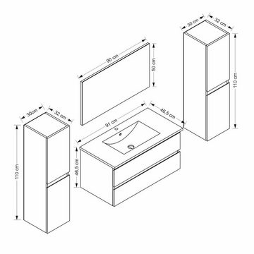 Homeline Badmöbel-Set Cobra 90 cm Badmöbel set Marmor Optik Badmöbel 6 Tlg, (Badmöbel Set Schwarz / Weiss Marmor optik Hochglanz Badezimmermöbel 6 Teilg Leonard 90 cm, 6-St., 6-Teilig), Keramik Becken