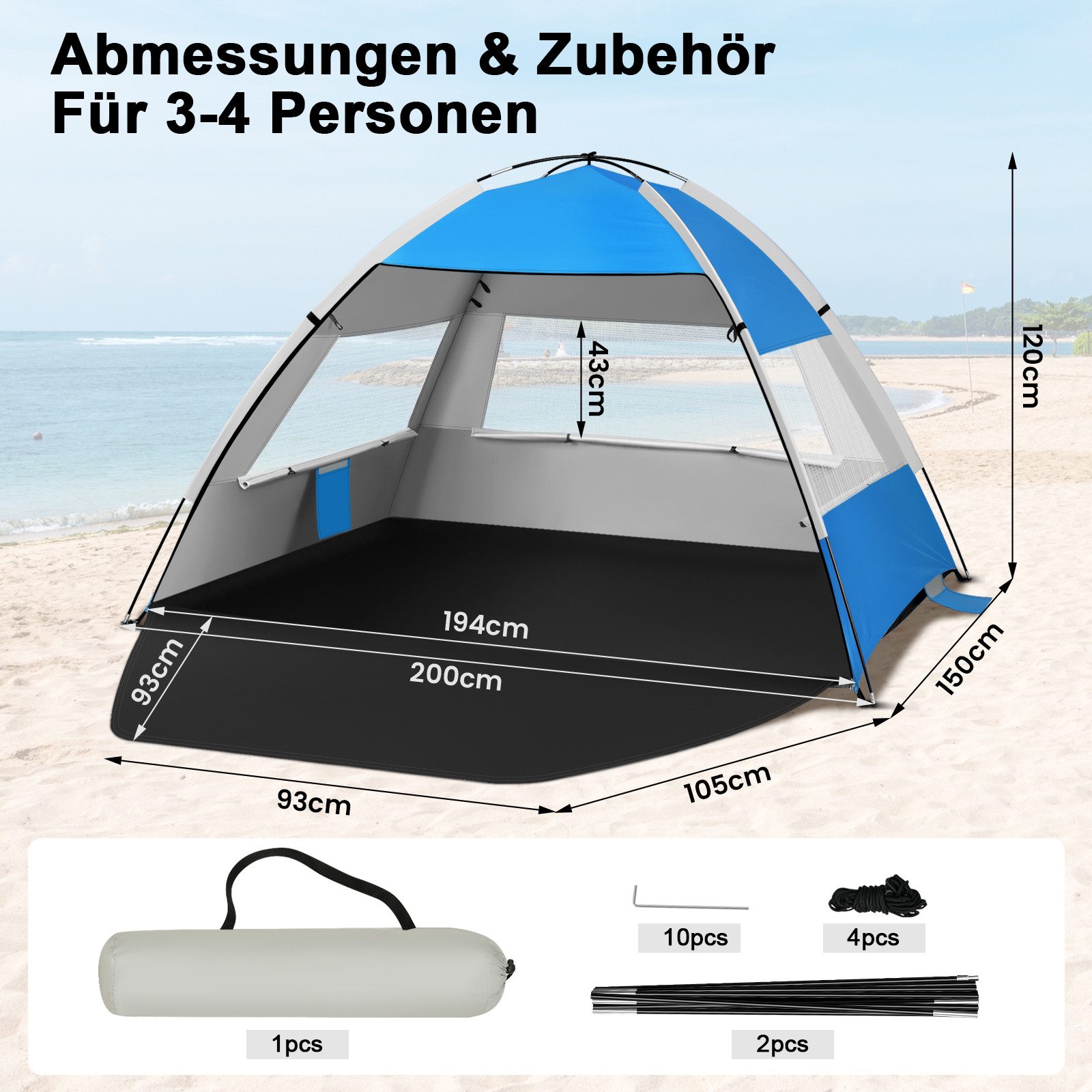 EUGAD Strandmuschel, Personen: 4 (1 tlg), UV-Schutz 50+, mit Tür Netzfenstern, Strandzelt tragbar