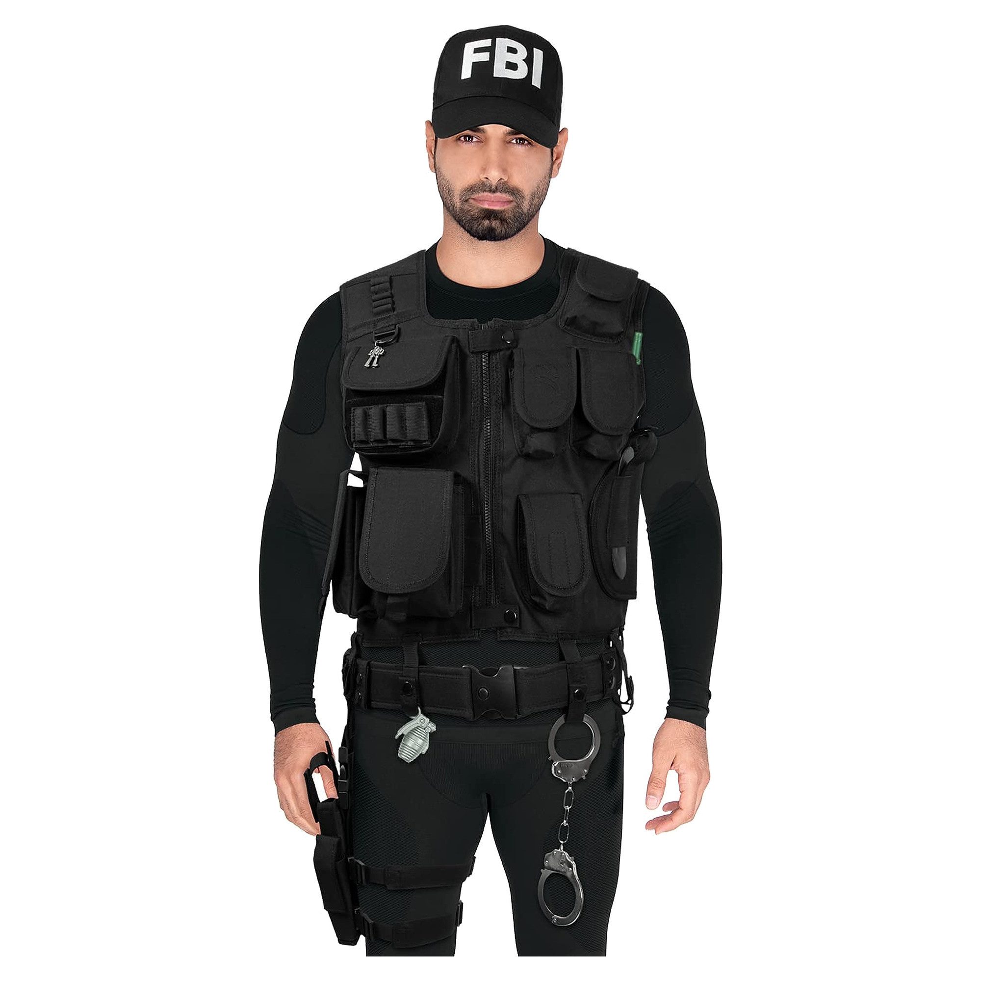 Black Snake Polizei-Kostüm 5-tlg. Set mit Weste Koppelgürtel Beinholster Handschellen und Cap, Halloweenkostüm SWAT FBI POLICE oder SECURITY für Damen und Herren