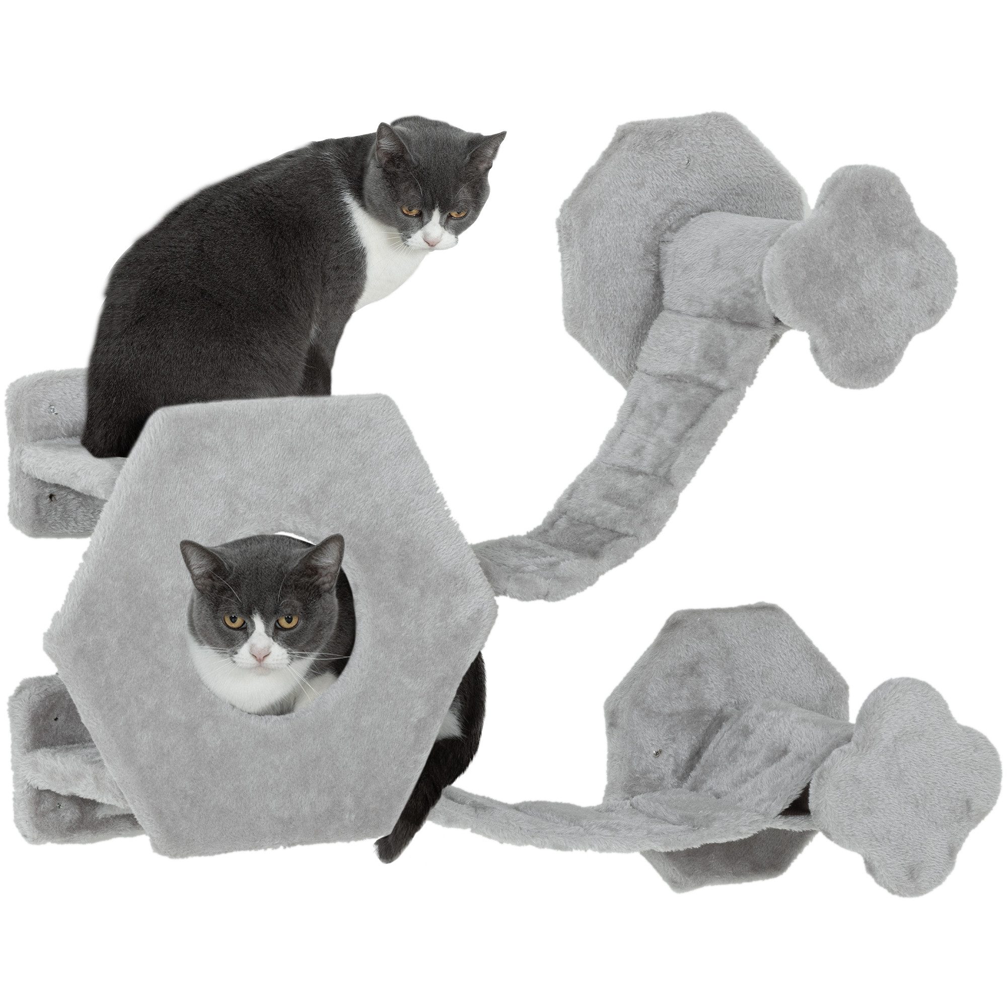 PawHut Katzen-Kletterwand Katzenliege mit Stufen, Katzenhöhle, Sprungturm, Spielzeugball, für Katzen bis 5 kg, Hellgrau