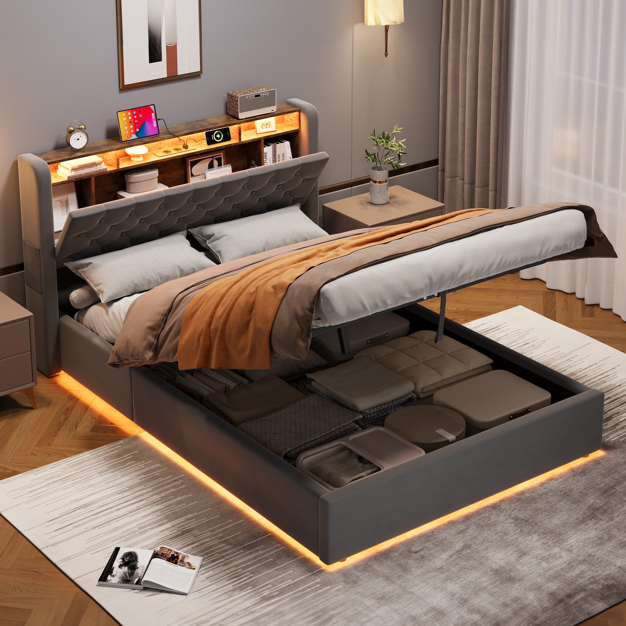 REDOM Polsterbett Hollandvelours-Bezug, mit Stauraum & Ablage (Funktionsbett, 1-tlg., Robuster Metallrahmen, Lattenrost inklusive, ohne Matratze), 140x190 cm mit LED-Beleuchtung und USB-Anschlüssen