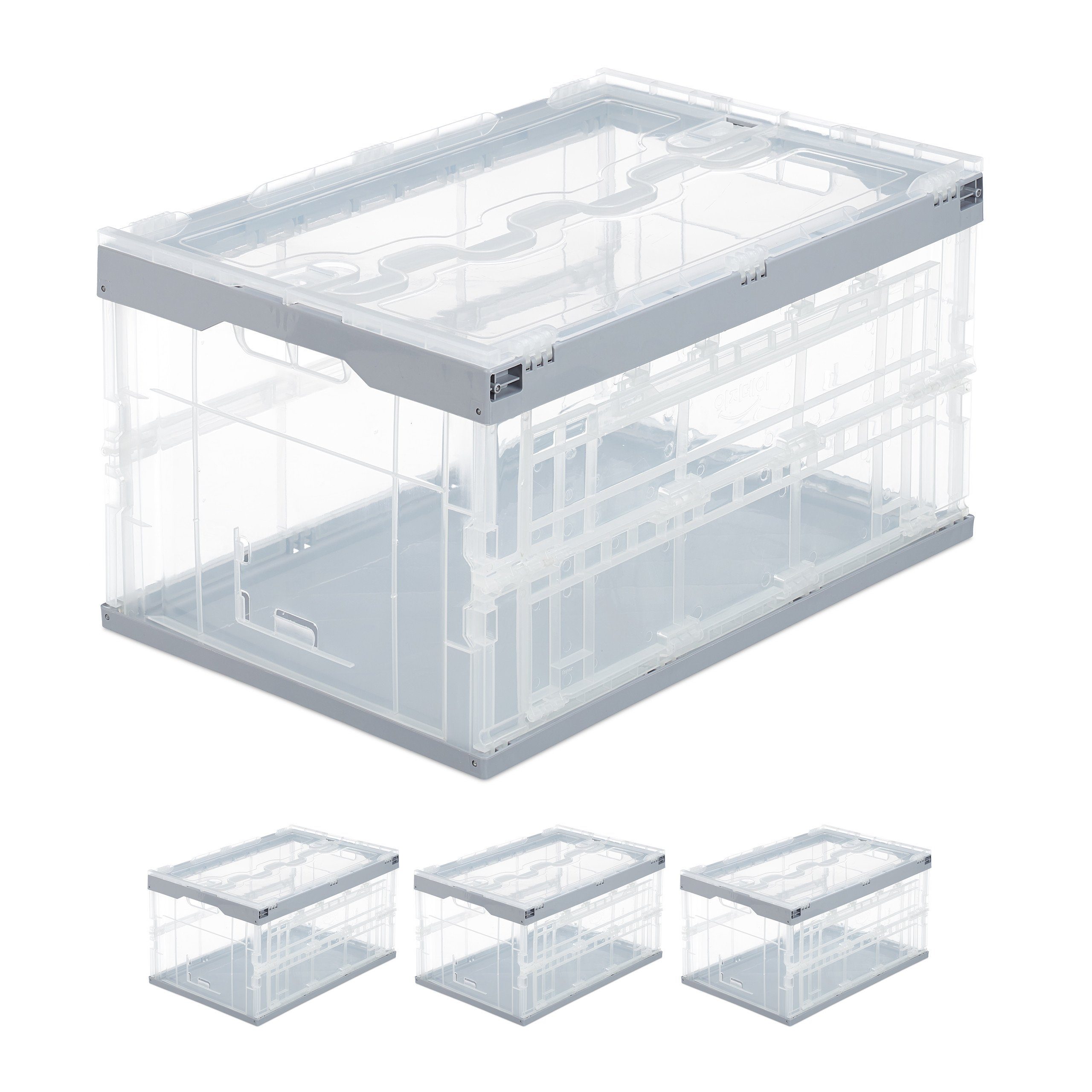 relaxdays Klappbox 4 x Transparente Transportbox mit Deckel