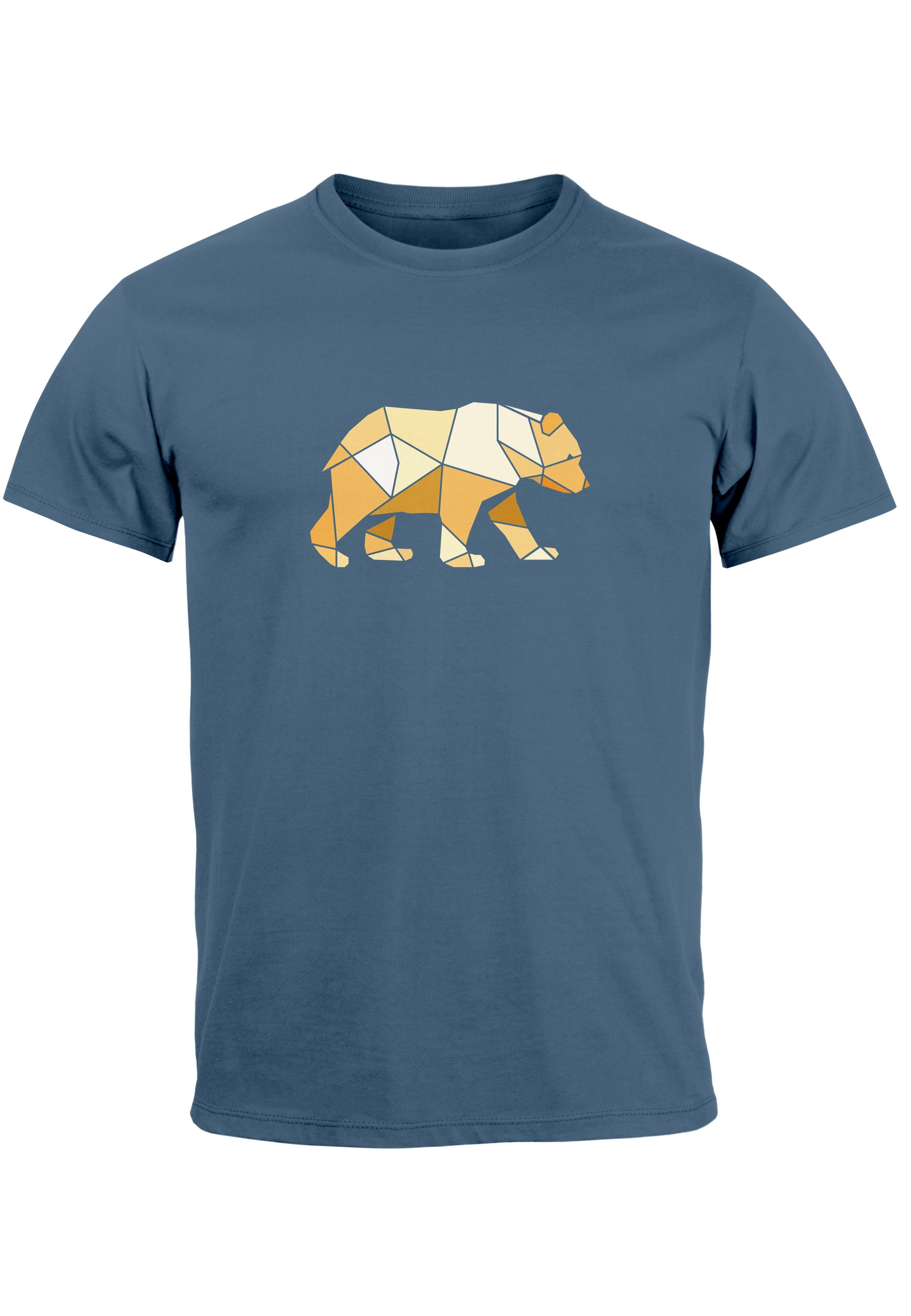 Neverless Print-Shirt Herren T-Shirt Bär Aufdruck Grafik Outdoor Polygon Motive Printshirt N mit Print denim blue