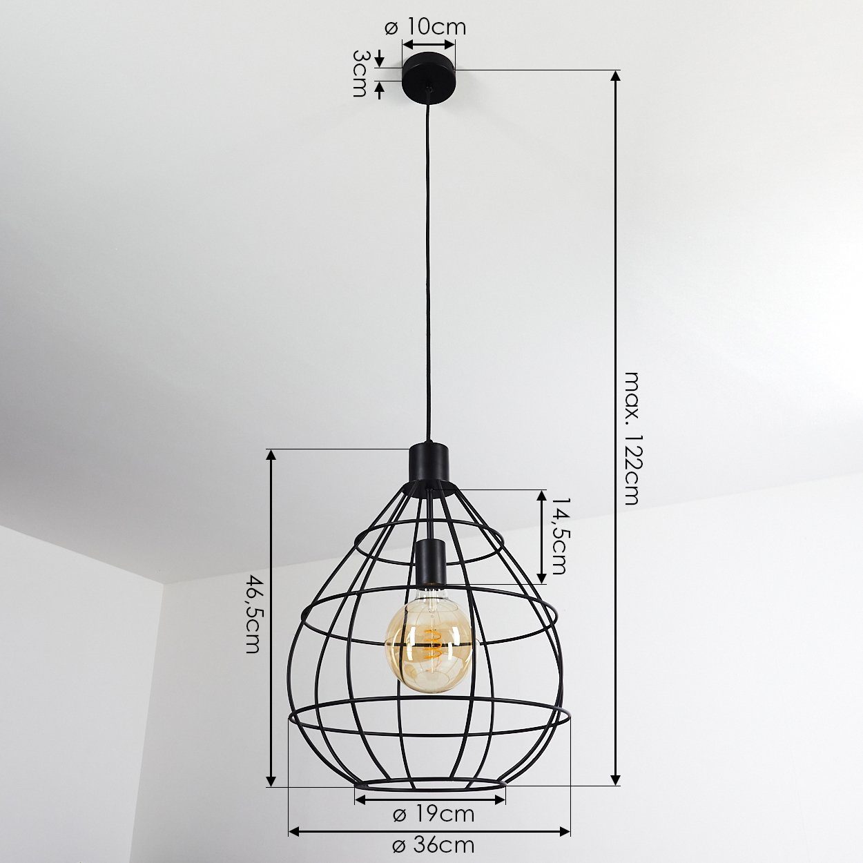 Ø36cm, Leuchtmittel, aus hofstein Hängeleuchte in Pendellampe Deckenlampe, 1xE27, und (verstellbar) Gitterschirm, schwarz Höhe »Malfa« ohne 122cm Retro Metall