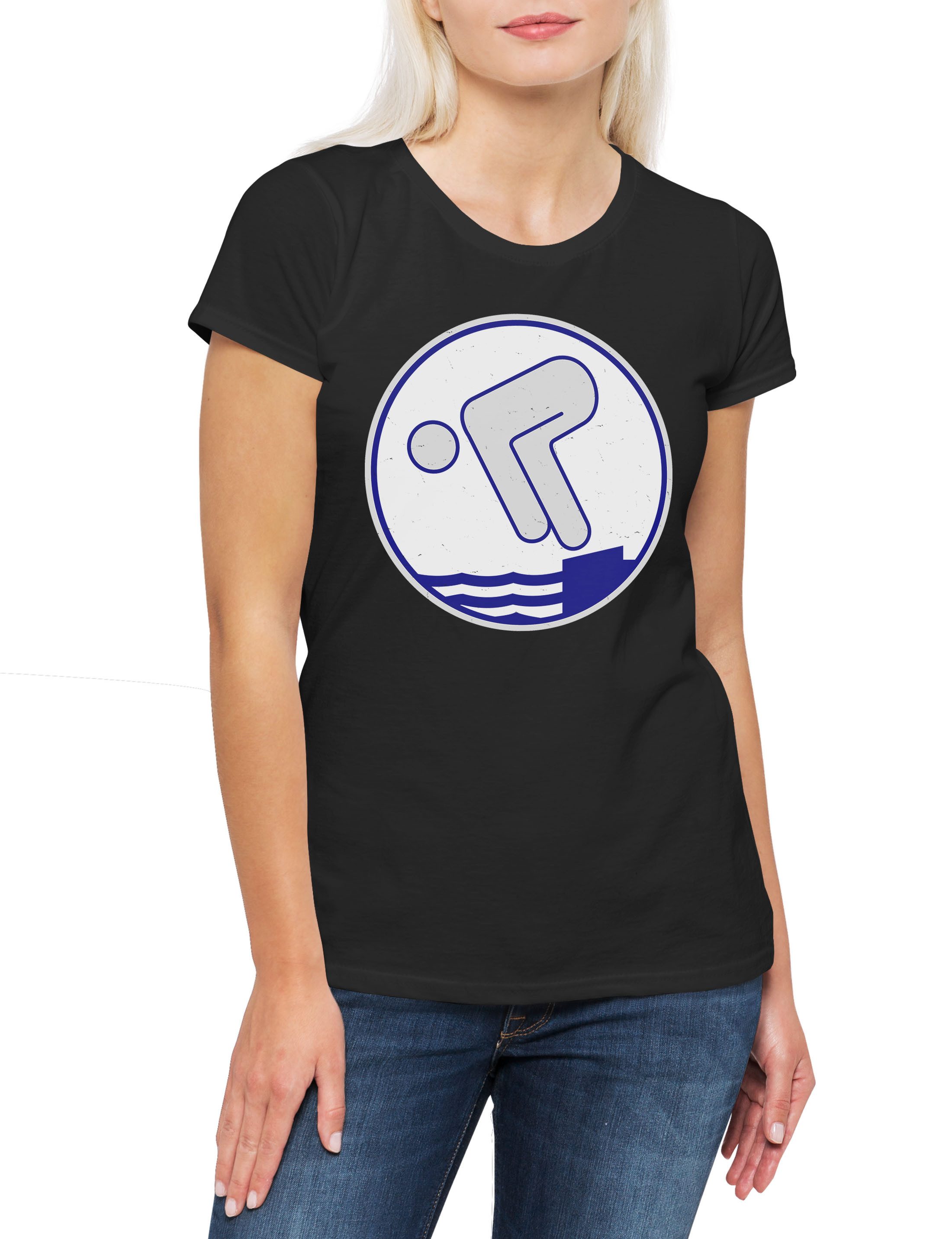 Urban Backwoods Print-Shirt Schwimmabzeichen Silber Damen T-Shirt Sea Horse Seepferdchen Silver (1-tlg) Abzeichen Schwimmlehrer Karneval Fasching
