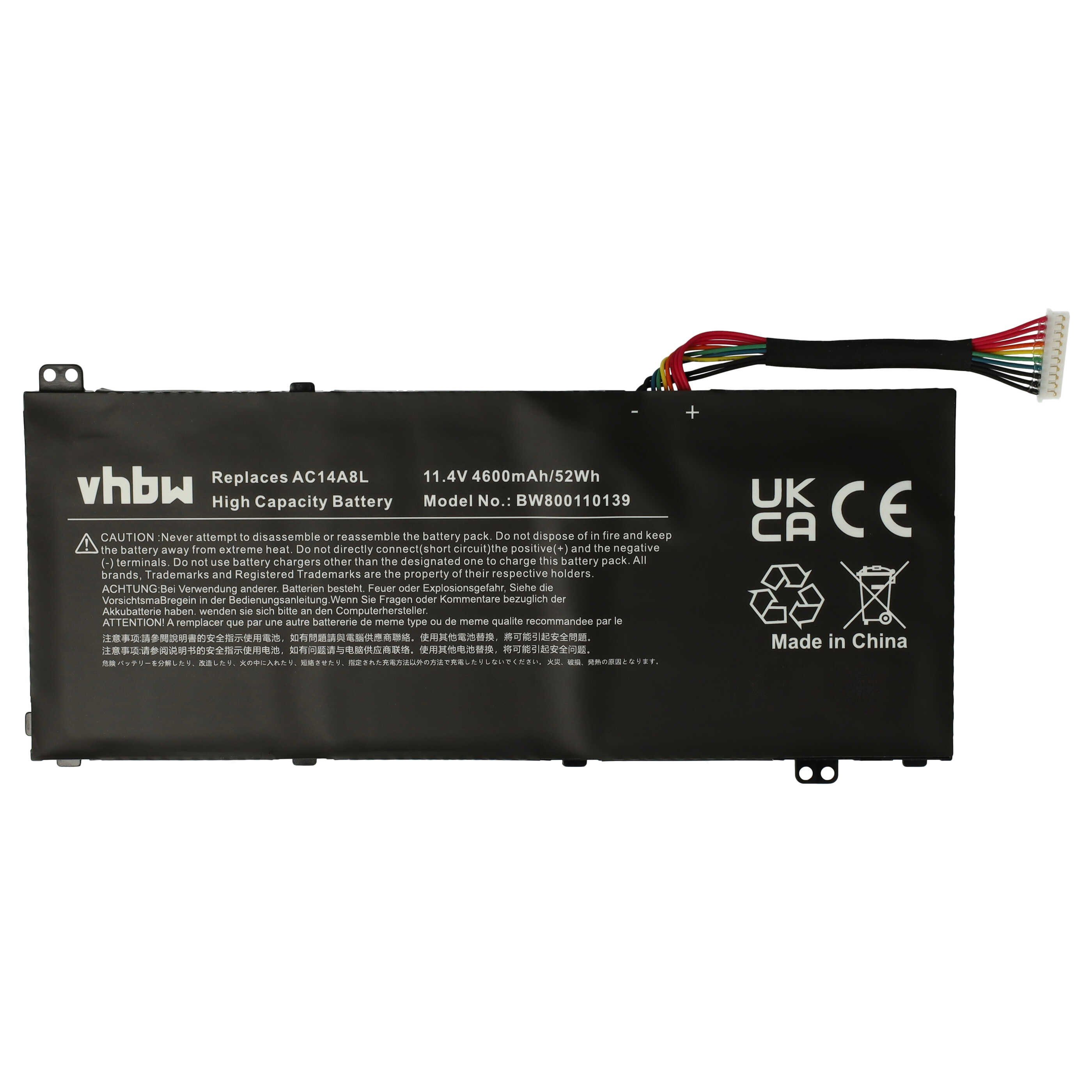vhbw Akku Ersatz für Acer 3ICP7/61/80, AC15B7L, KT.0030G.001, AC14A8L, Laptop-Akku Akku Li-Polymer 4600 mAh (11,4 V, 1 St), Leistungsfähiger Austausch-Akku für Notebook, Wiederaufladbar, Jede