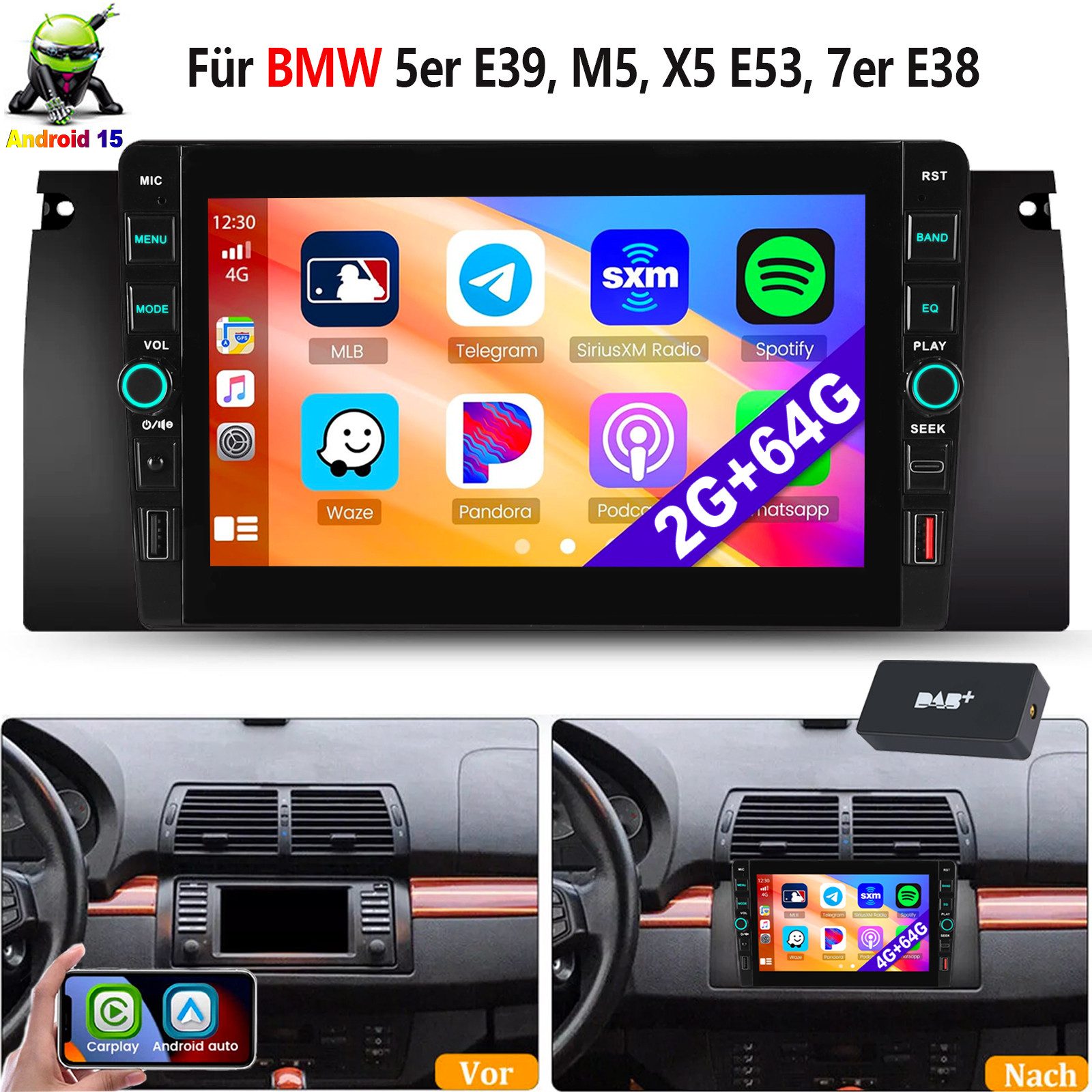 ESSGOO Für BMW E38 E39 X5 E53 Android 15 Carplay Autoradio mit GPS USB Type-C Autoradio (RDS, 4+64GB(optional), Digitalradio (DAB), FM, DAB+ (optional), Carplay Android Auto Bluetooth EQ USB GPS Navi WIFI Touchscreen)